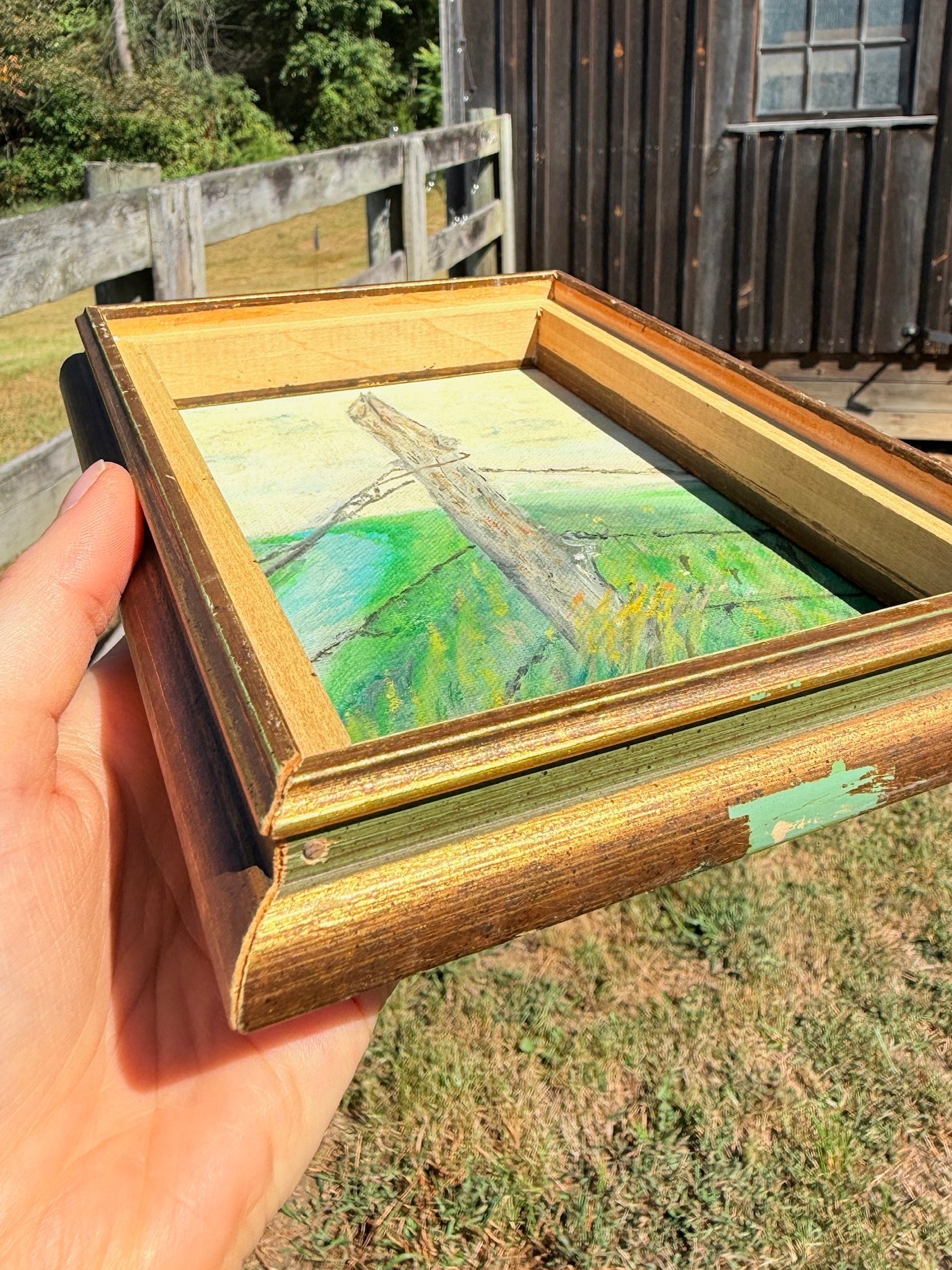 Vintage 1970s Signed & Framed Heart River North Dakota "Fence Pole" Landscape Oil on Canvas Painting