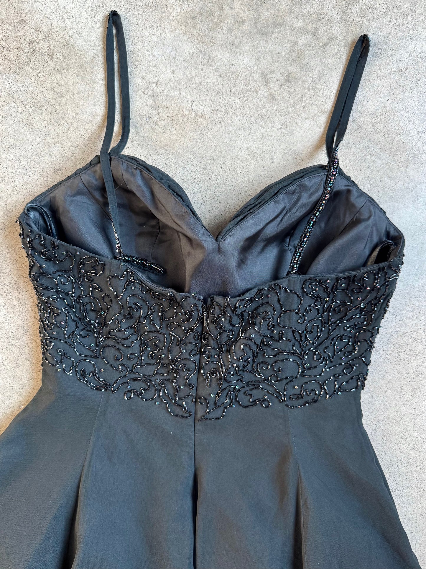 Vintage 1990s Mike Benet Formals Black Silk Beaded Mini Party Dress | S/M