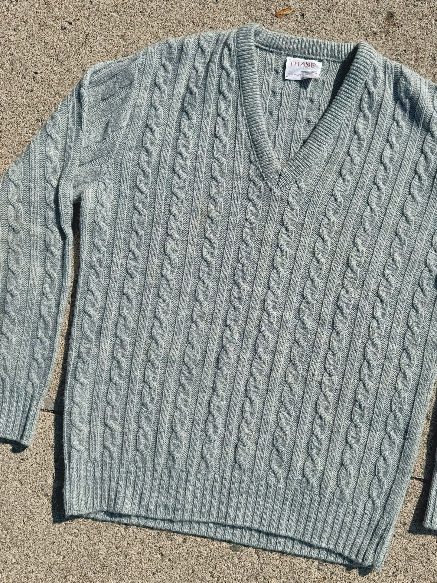 Vintage Thane Grey Cable Knit V-Neck Sweater