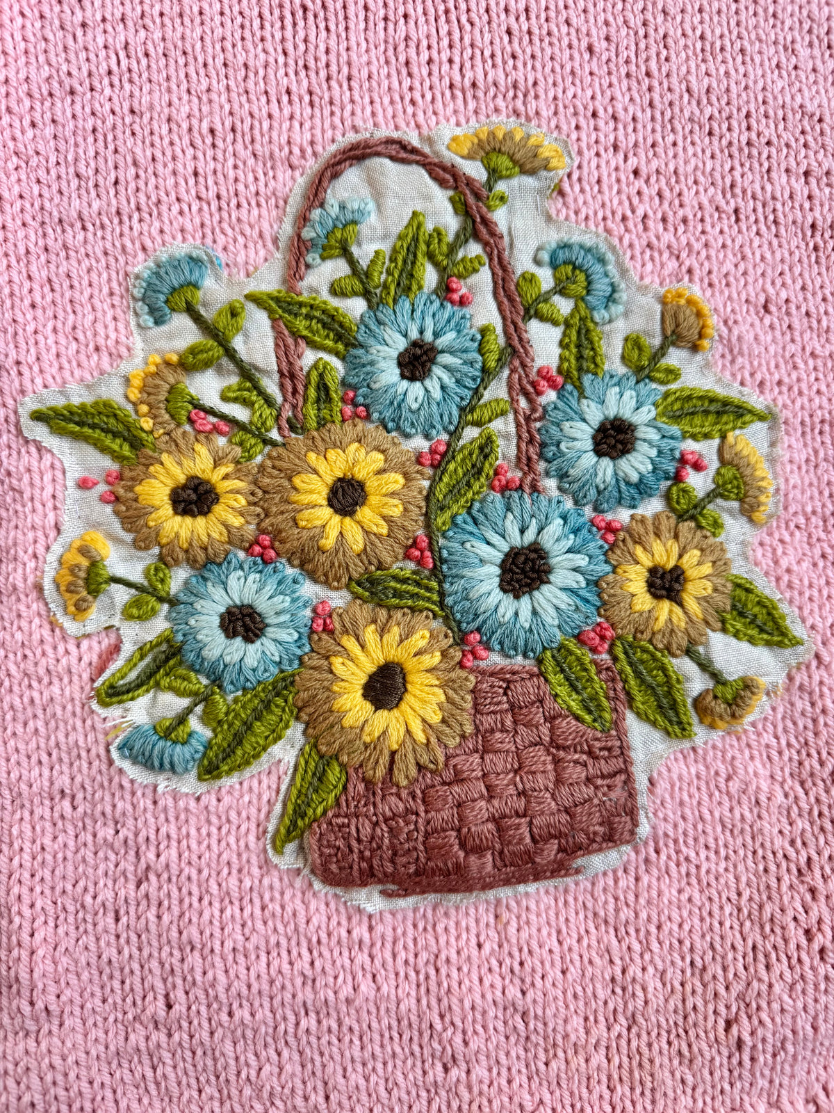 Vintage Handmade Crewel-Embroidered Flower Basket Pink Sweater Vest | S/M