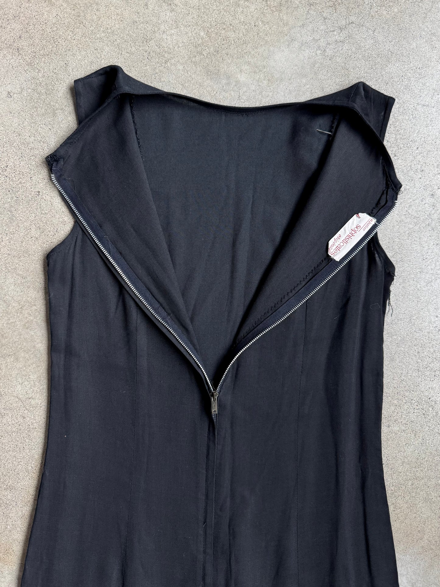 Vintage 1960s Sophisticates Black Drop Waist Pleated Dress w/ Flower Pin | XS