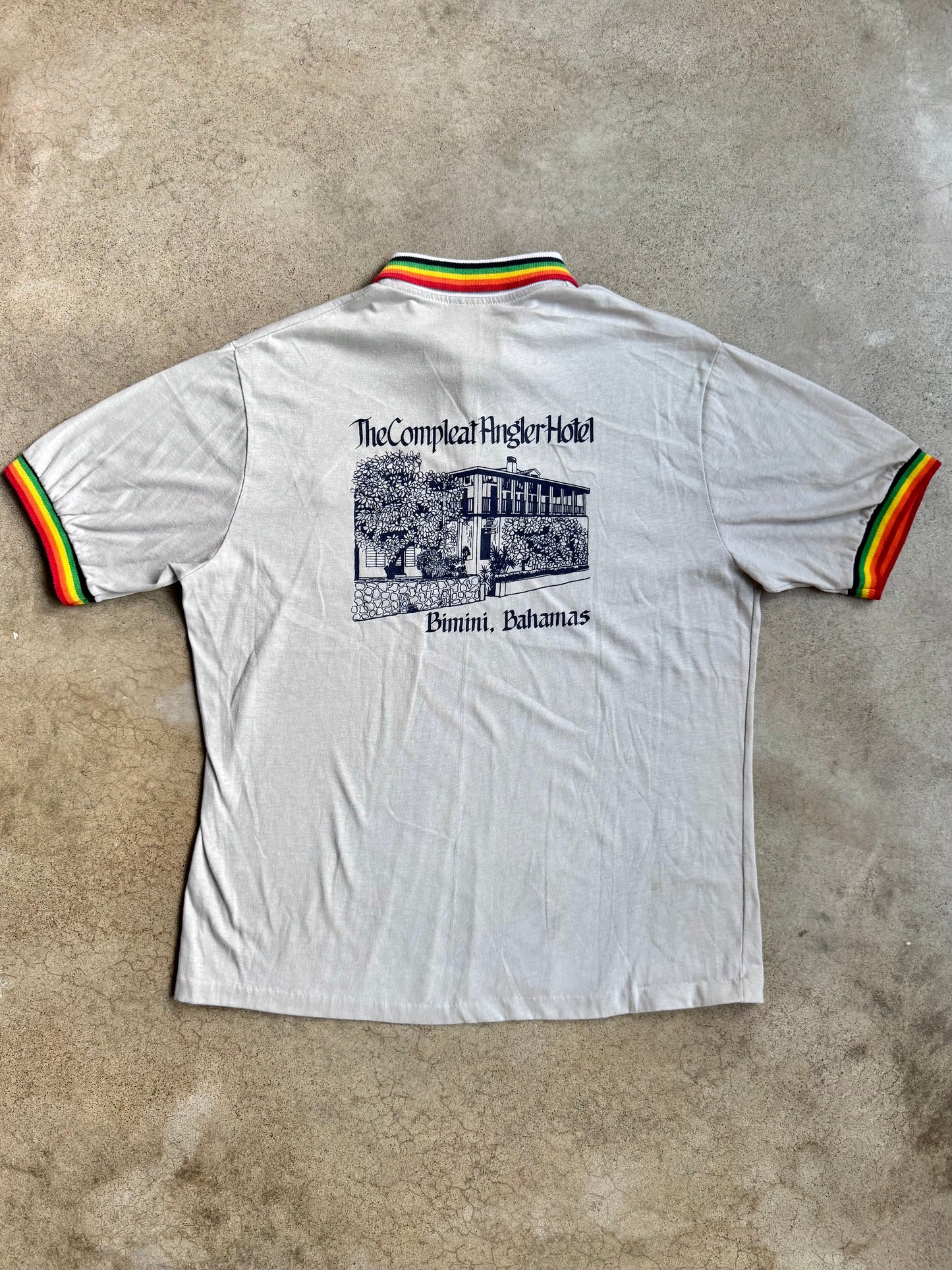 Vintage 1970s Bahamas Compleat Angler Hotel Rainbow Collar Polo Shirt | XL