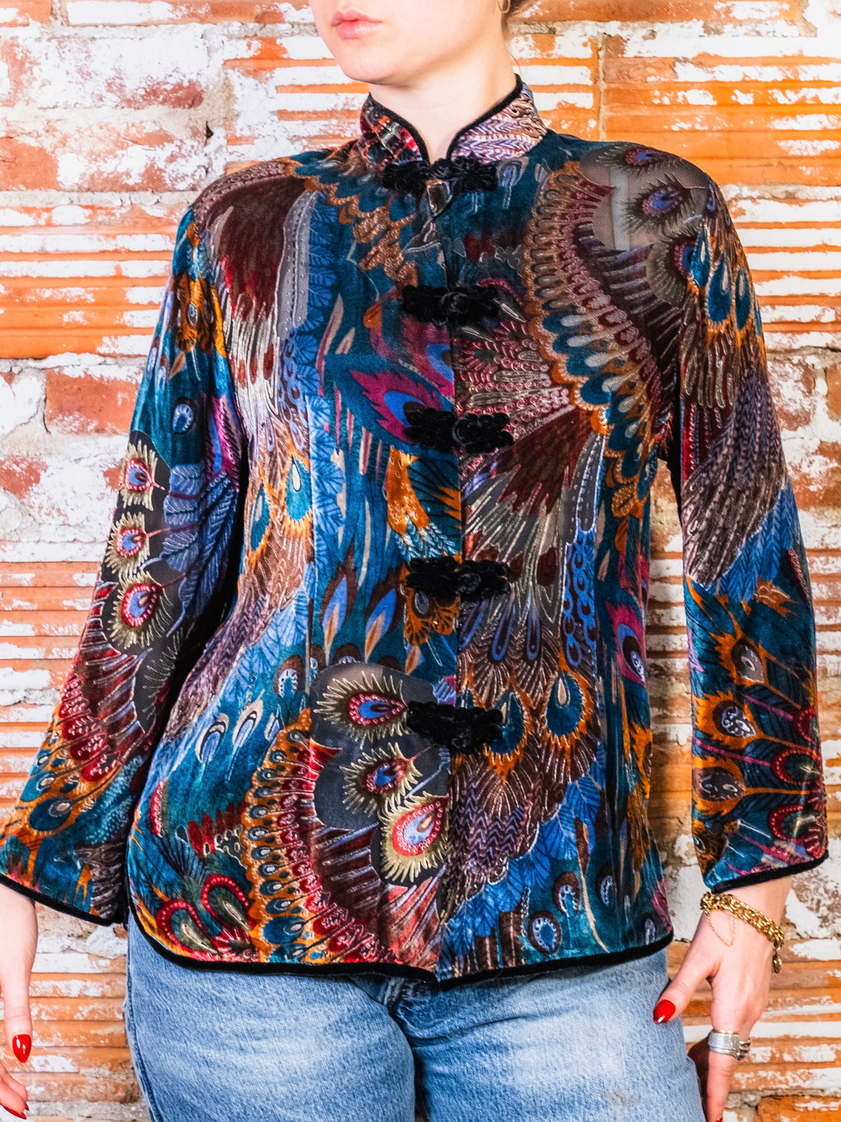 Vintage 1990s Aris A. Peacock Feather Velvet Burnout Silk-Blend Blouse | Small