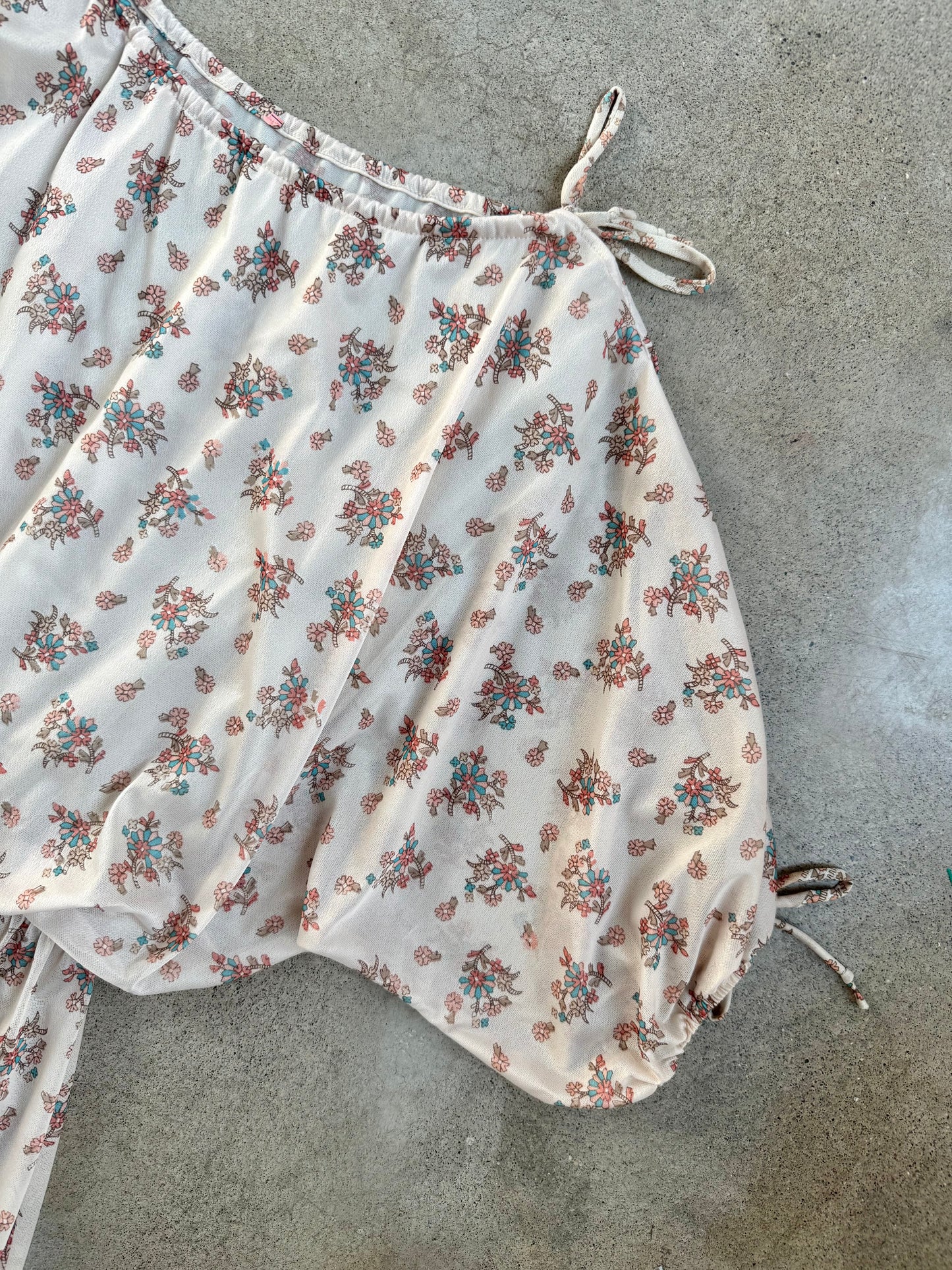 Vintage 1970s Cream Floral Print Puff Sleeve Sheer Midi Dress | Medium