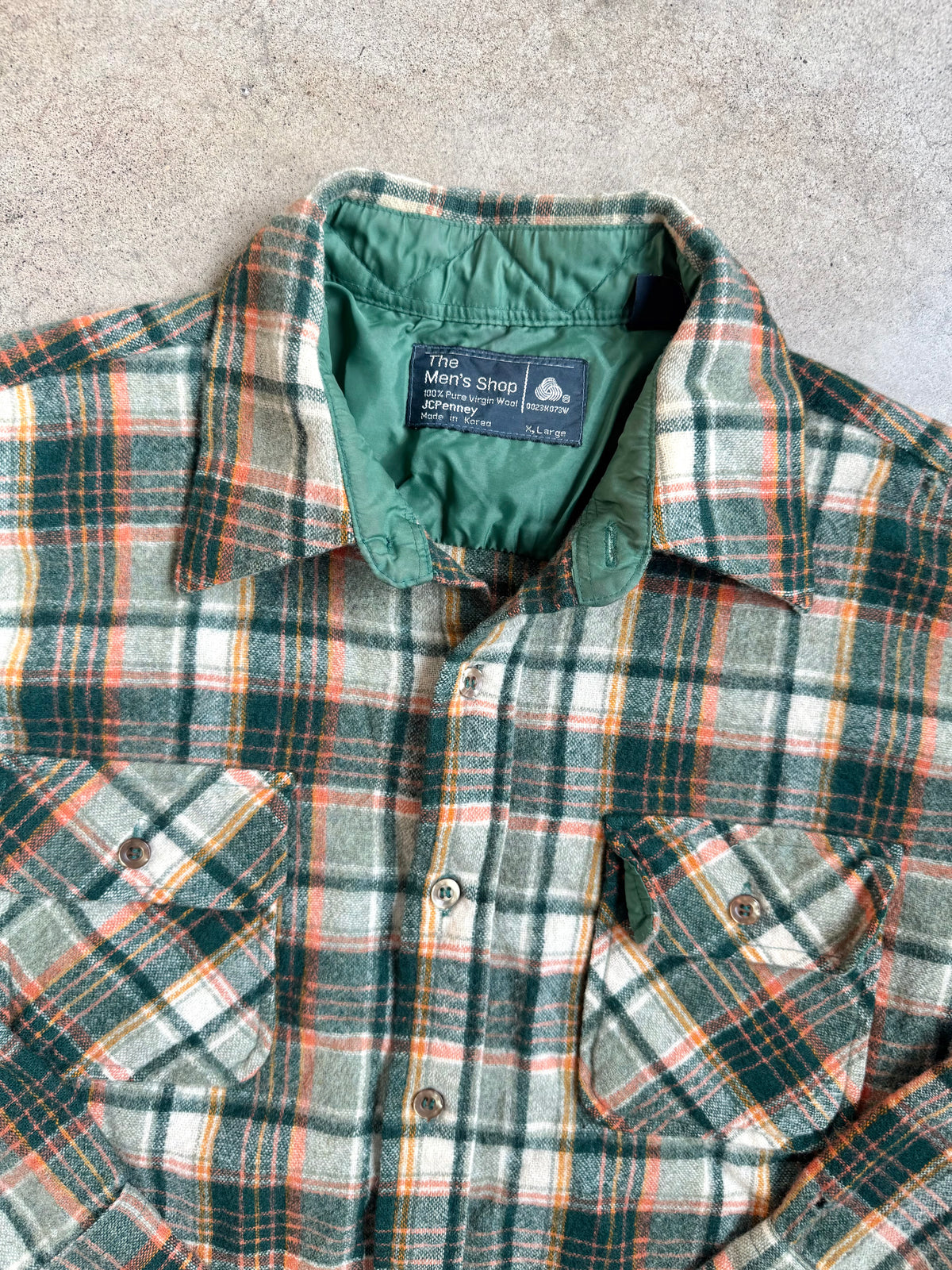 Vintage 1970s JCPenney Green & Orange Plaid Wool Flannel Shirt | XL