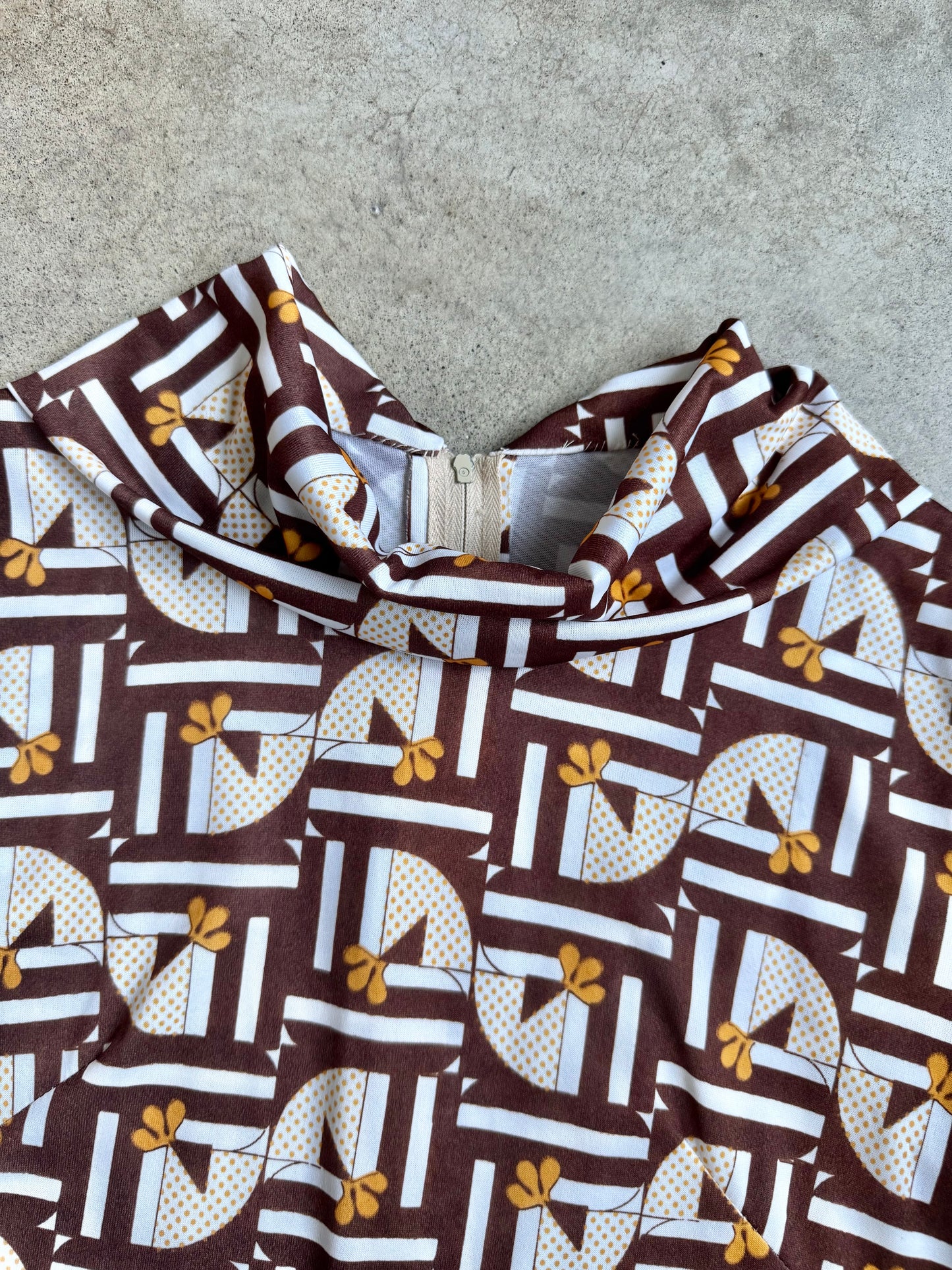 Vintage 1960s Handmade Brown & Yellow Geometric Floral Mod Dress | S/M