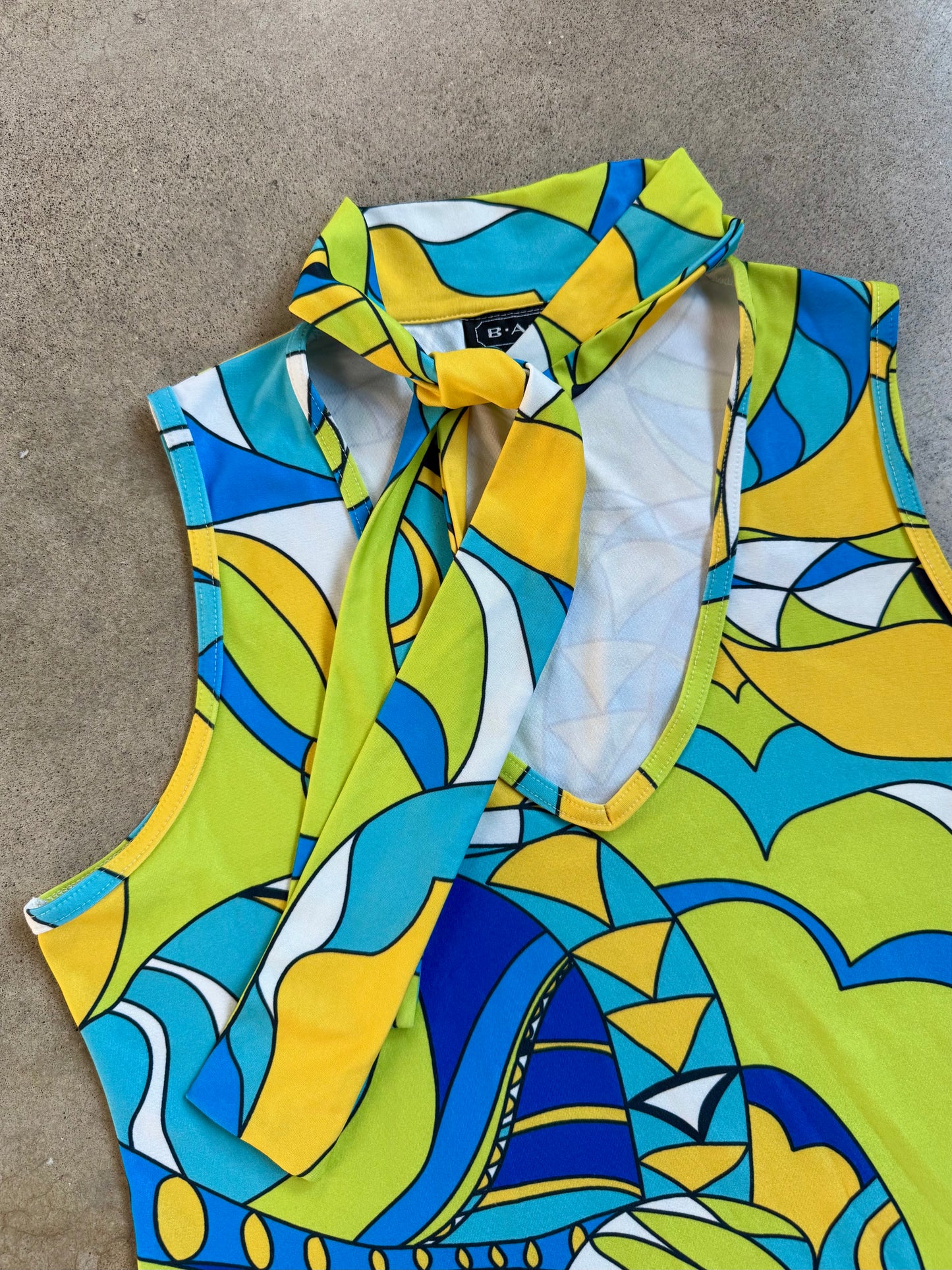 Vintage 1990s B.A.D. Psychedelic Printed Tie Neck Sleeveless Blouse | Large