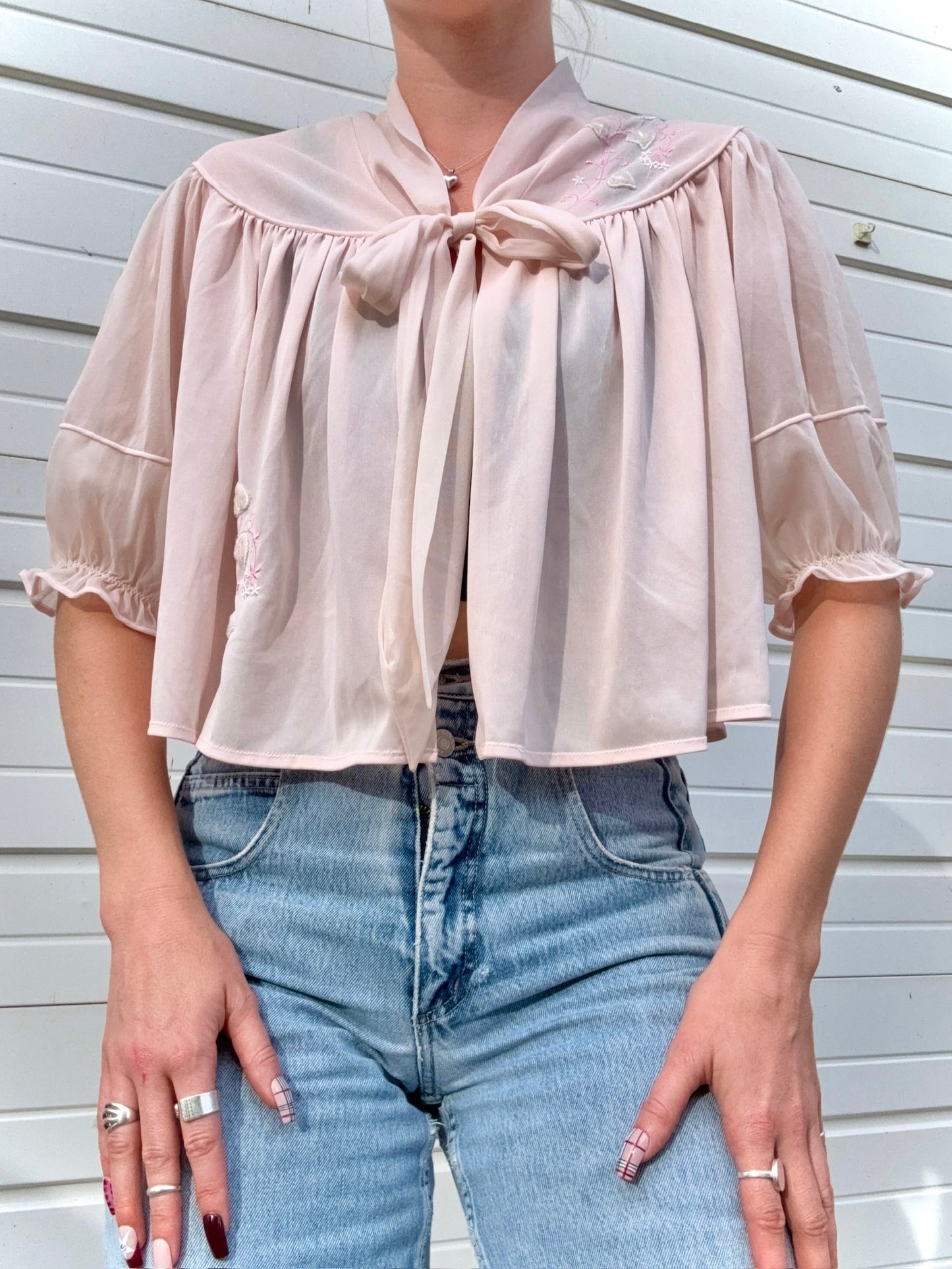 Vintage 1970s Trillium Lingerie Pale Pink Embroidered Bed Jacket | Small