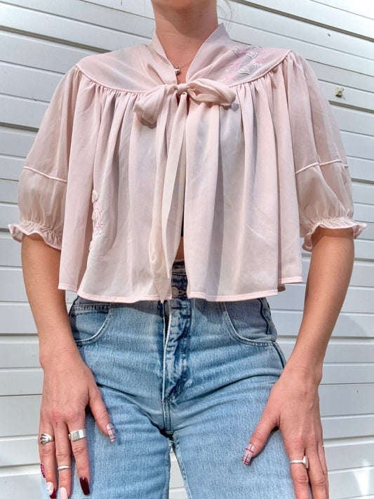 Vintage 1970s Trillium Lingerie Pale Pink Embroidered Bed Jacket | Small