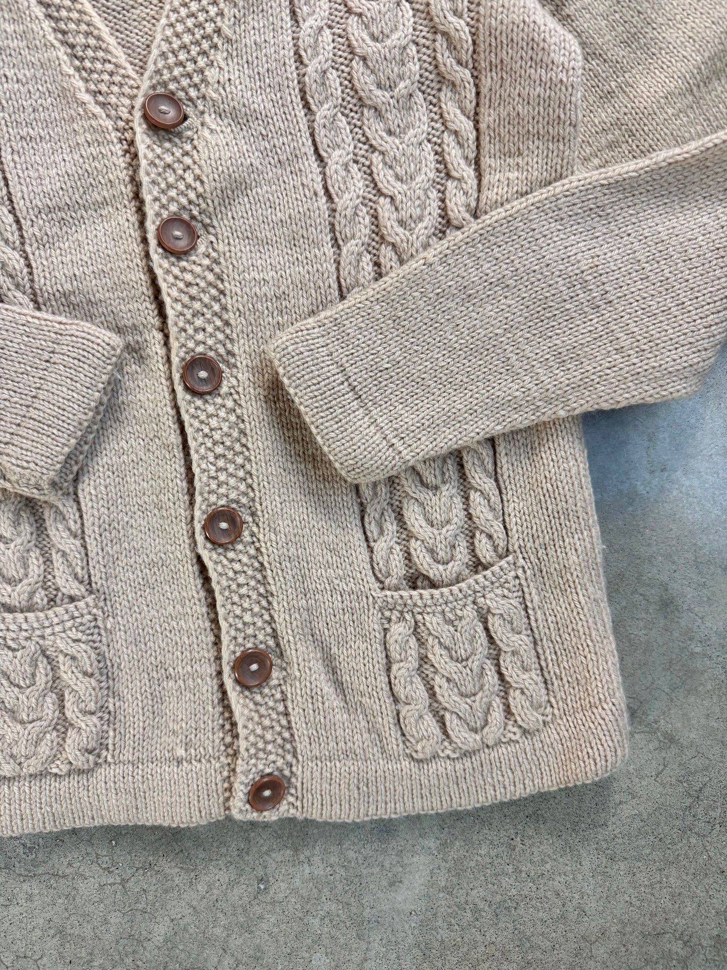 Vintage 1960s Beige Wool-Blend Cable Knit Cardigan | Small