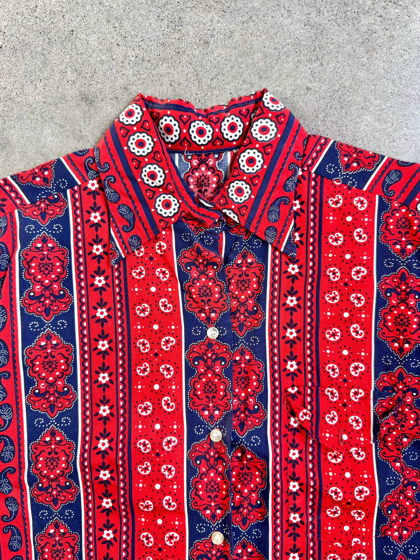 Vintage Red & Blue Striped Paisley Bandana Print Button-Up Shirt | XL