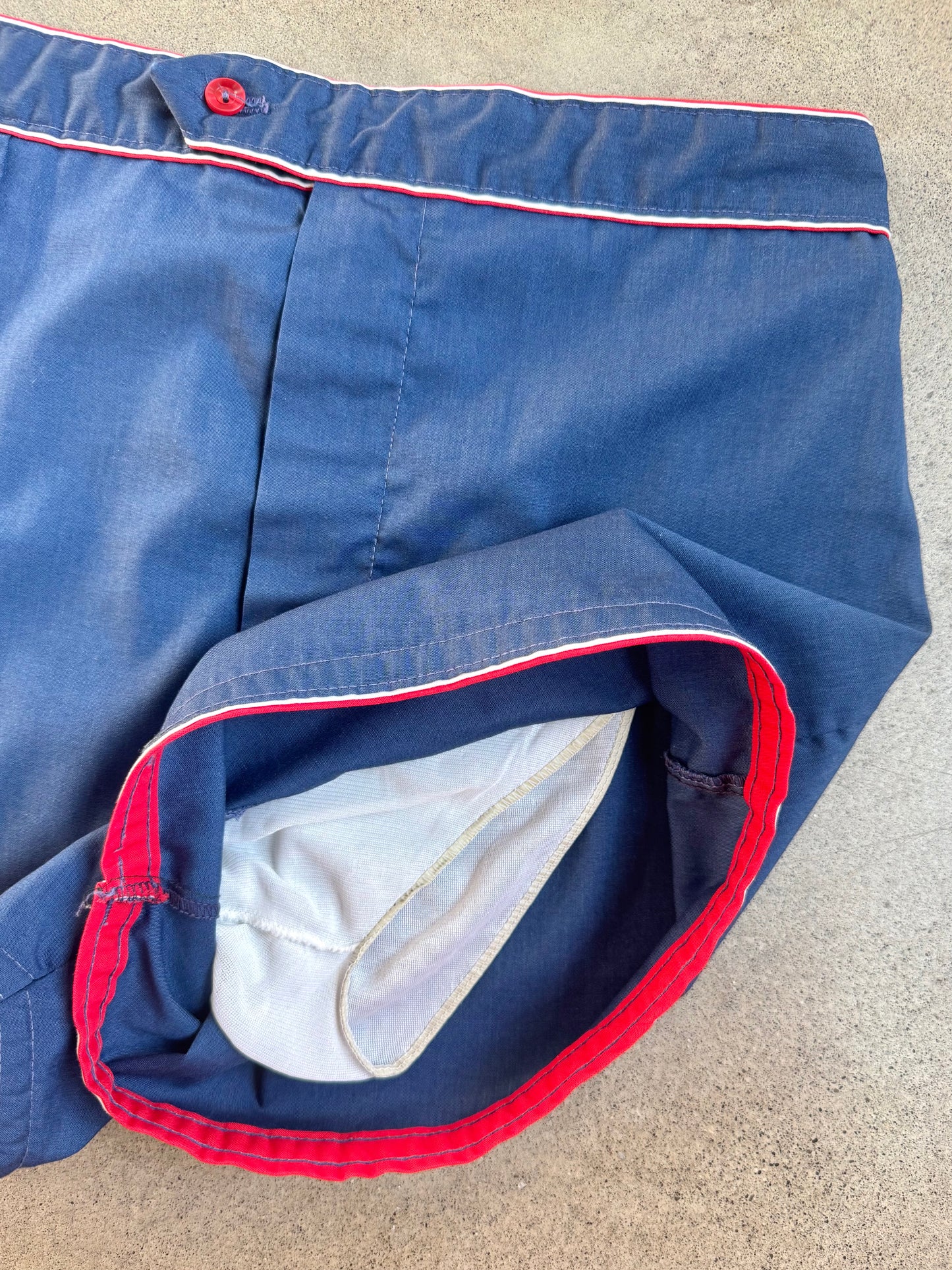 Vintage 1960s Navy Blue & Red Swim Shorts | Large