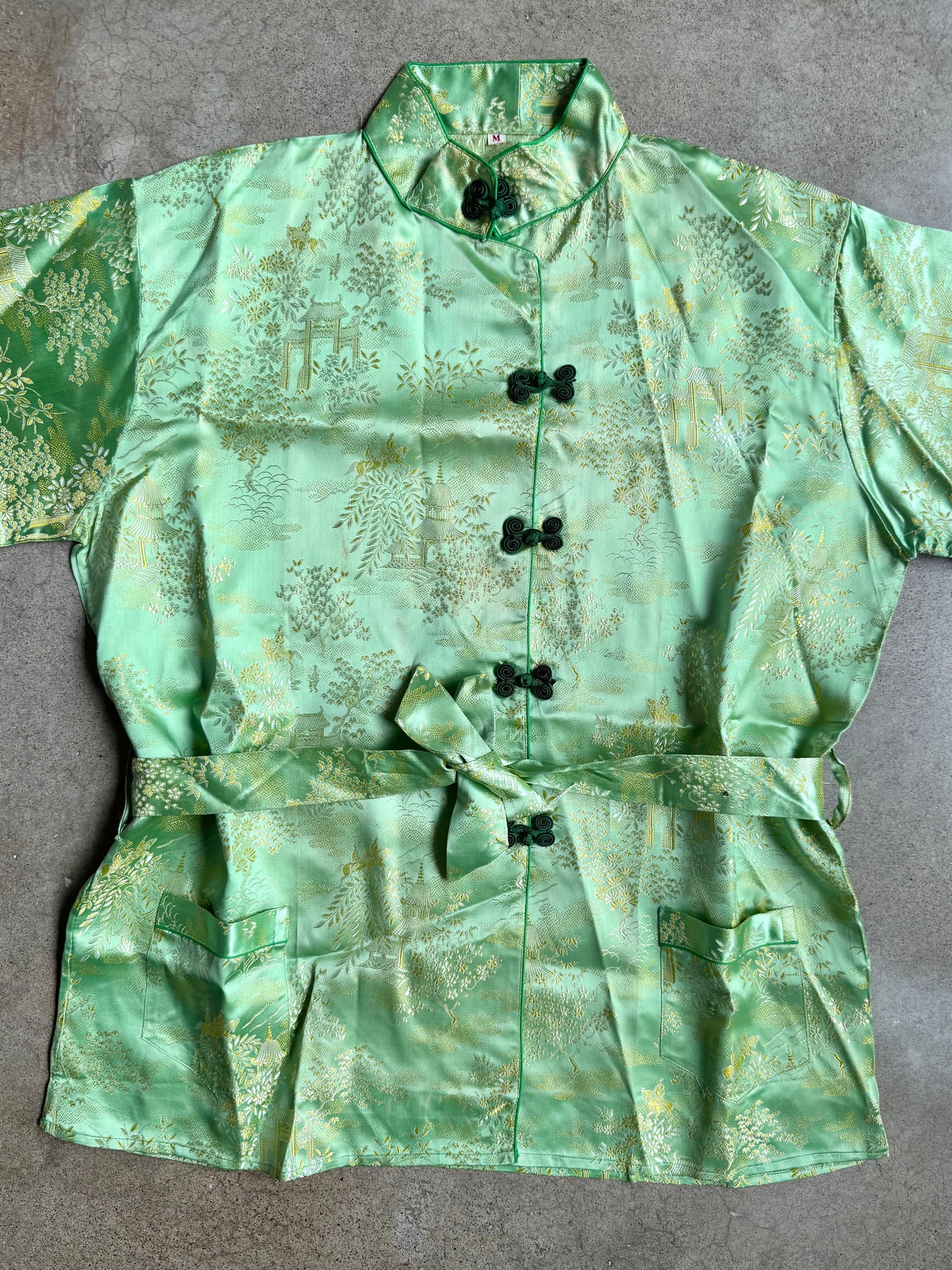 Vintage 1950s Chinese Tang Jade Green & Black Silk Two-Piece Outfit | Medium