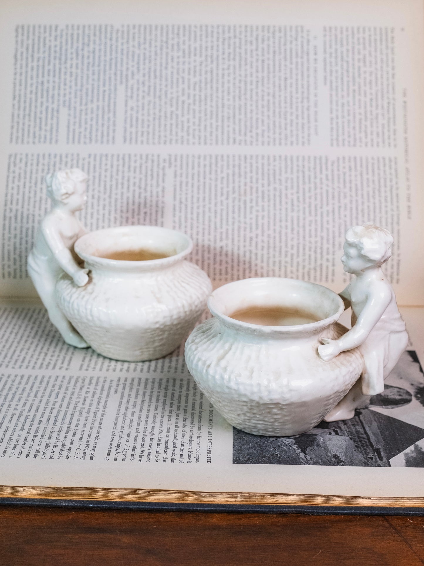 Antique 1920s/30s White Ceramic Cherub Planters | Set of 2