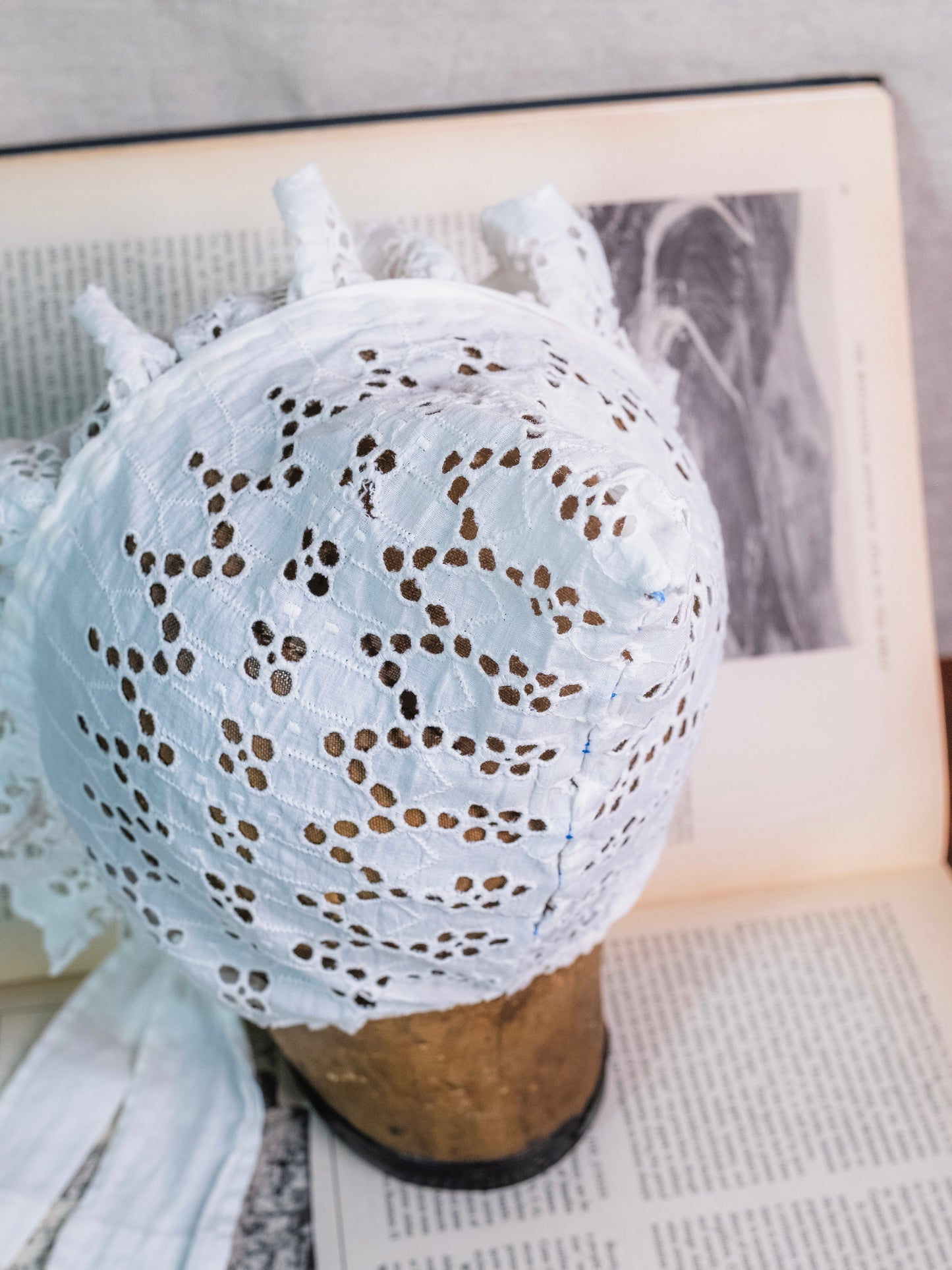 Victorian Handmade White Cotton Eyelet Bonnet