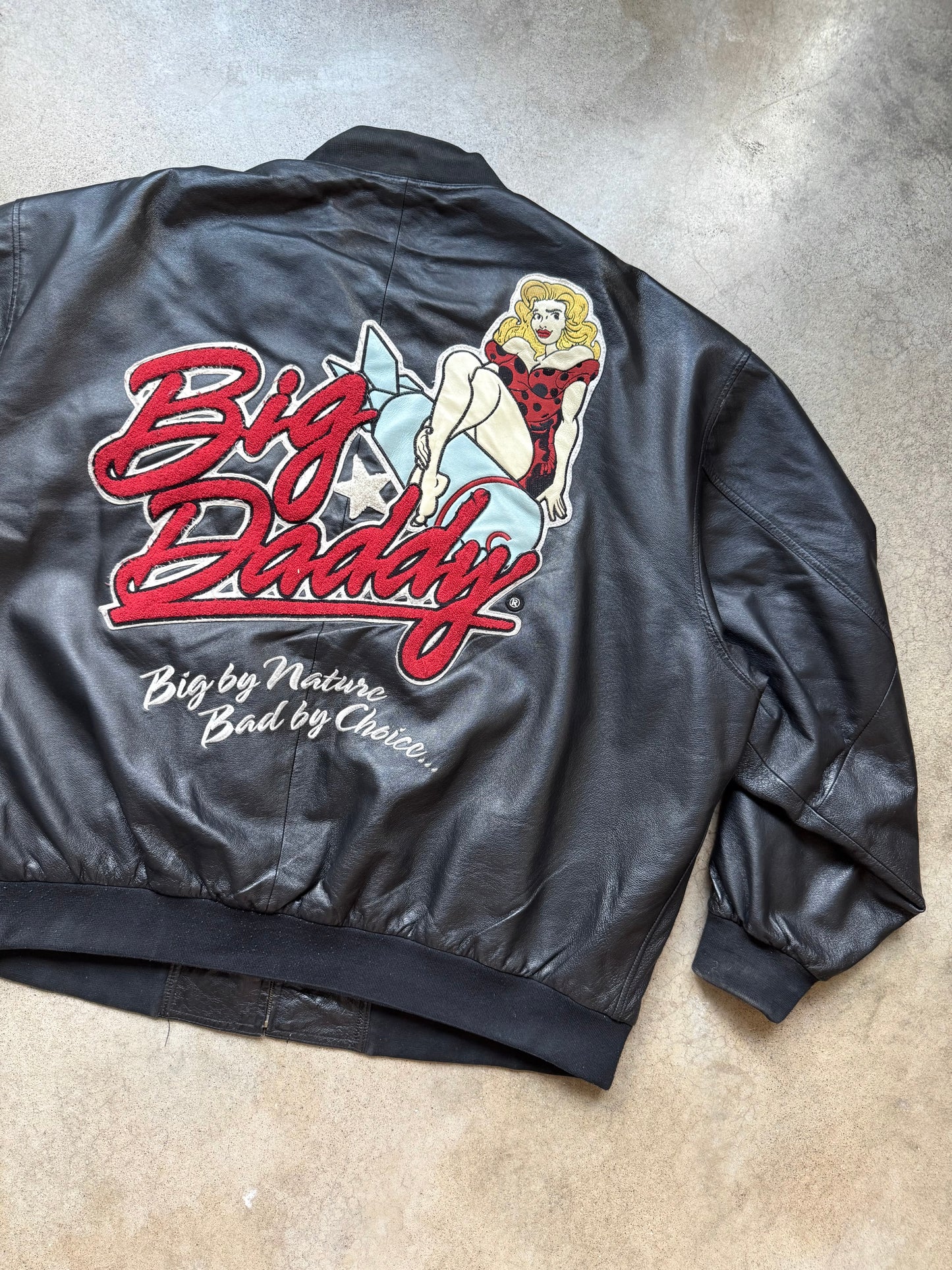 Vintage Big Daddy Embroidered Black Leather Bomber Jacket | 5XL