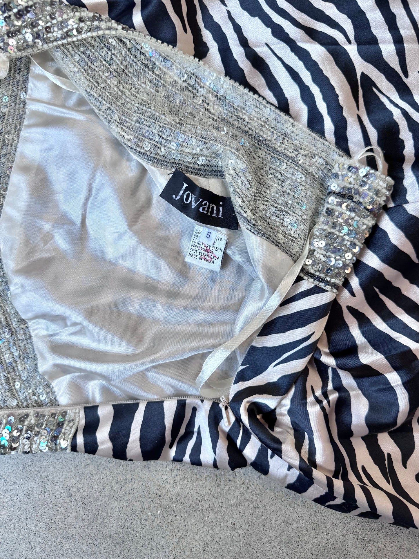 2000s Jovani Satin Zebra Print Sequined Floor Length Formal Dress | Small