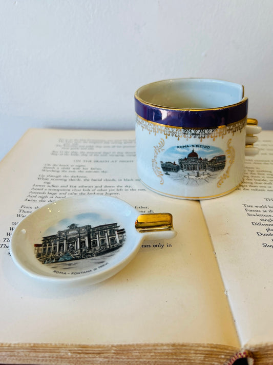 Vintage 1950s Rome Souvenir Porcelain Stackable Ashtray Set