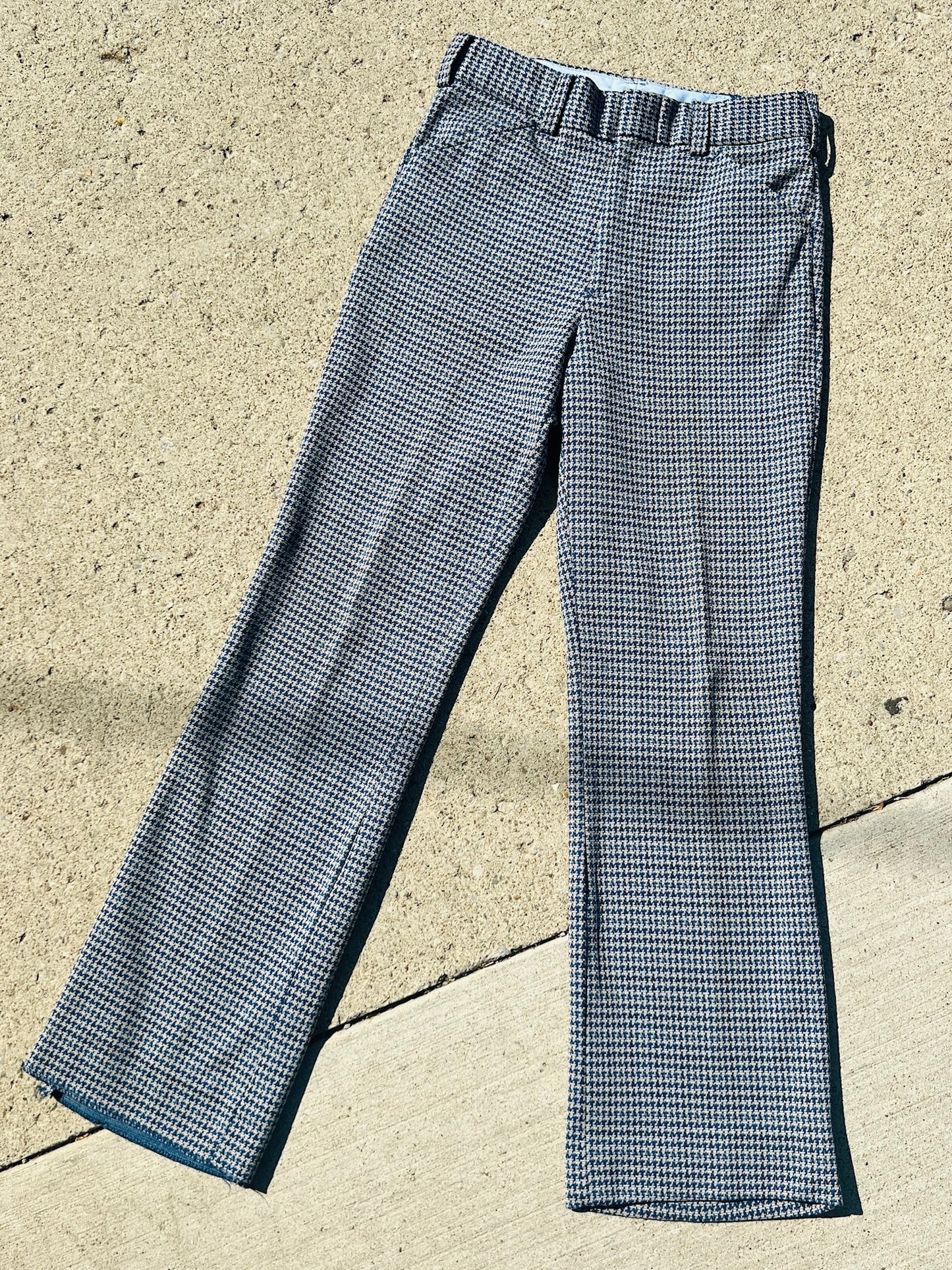 Vintage 1970s Blue Houndstooth Polyester Knit Pants