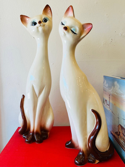 Vintage MCM Ceramic Siamese Cat Statues | Set of Two