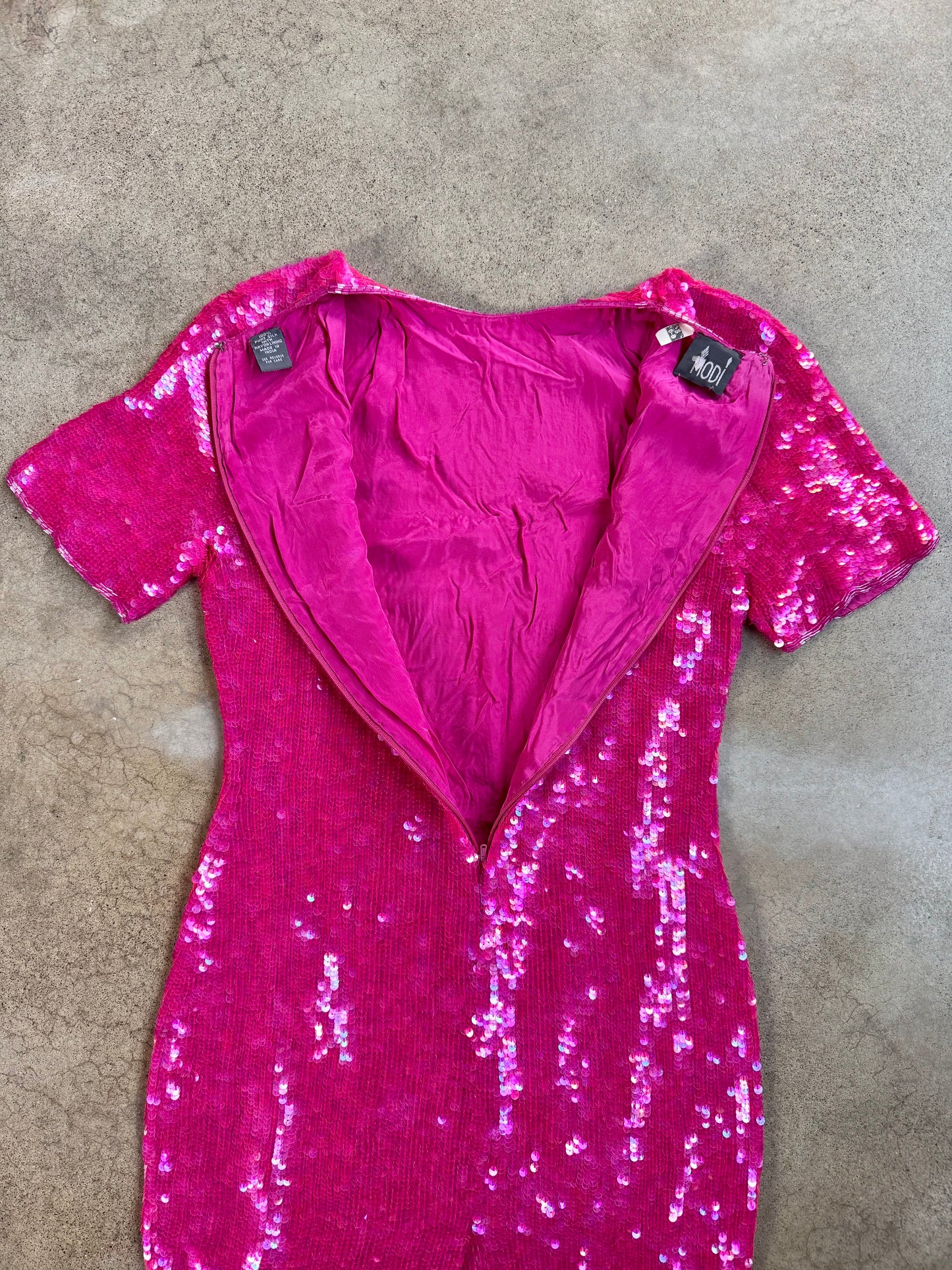 Vintage 1990s Modi Hot Pink Sequined 100% Silk Dress | Small