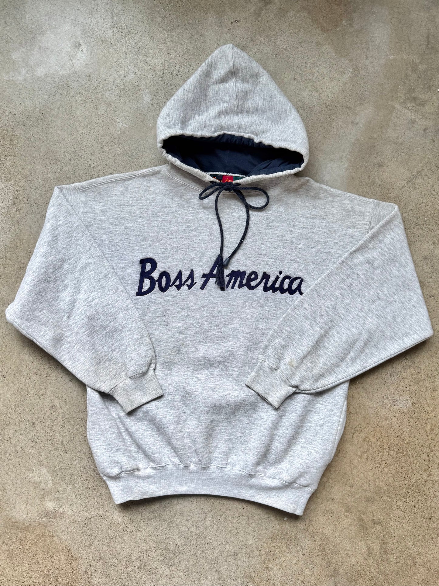 Vintage 1990s Boss America Grey & Navy Hoodie Sweatshirt | Medium