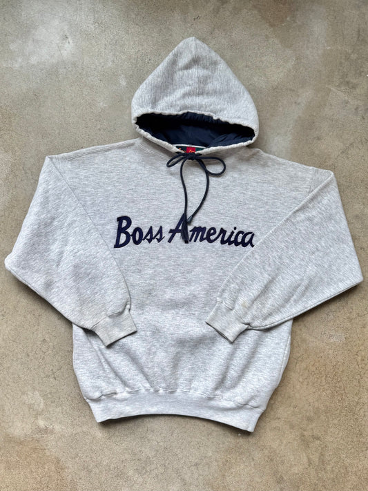 Vintage 1990s Boss America Grey & Navy Hoodie Sweatshirt | Medium