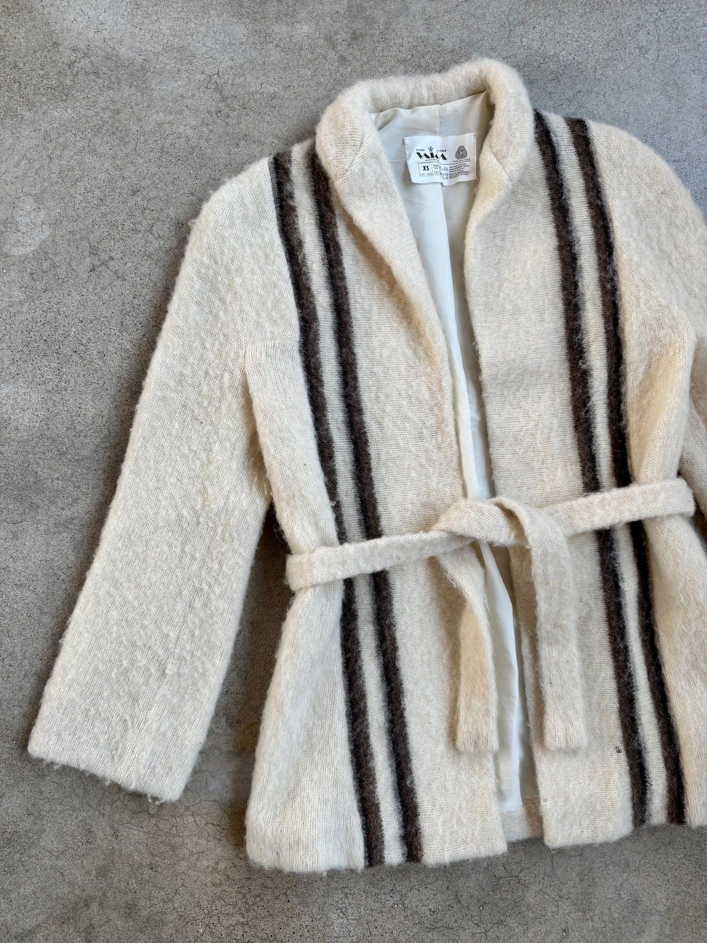 Vintage 1970s Vaka Icelandic 100% Wool Neutral Stripe Tie-Waist Sweater Jacket | XS