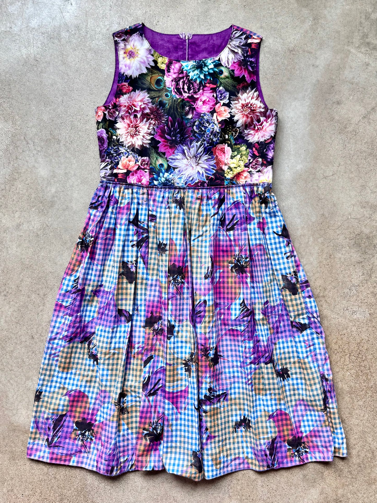 Vintage Handmade Floral Gingham Print Sleeveless Pleated Dress | S/M