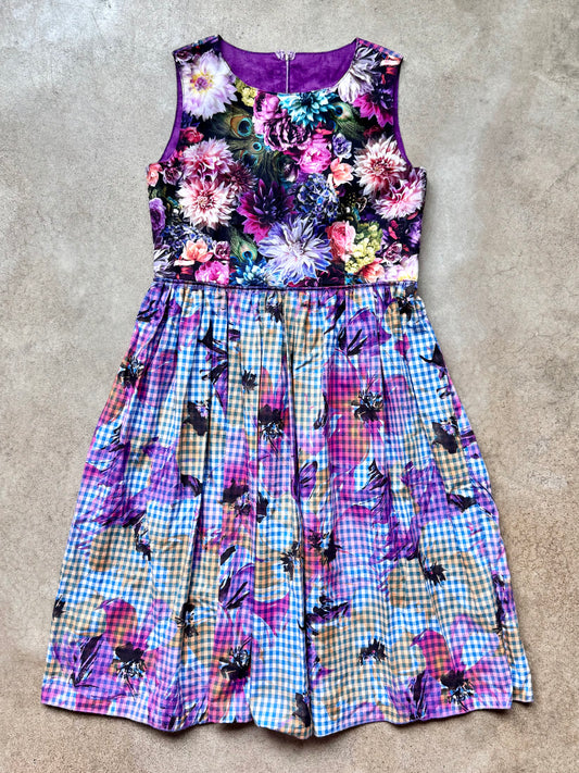 Vintage Handmade Floral Gingham Print Sleeveless Pleated Dress | S/M