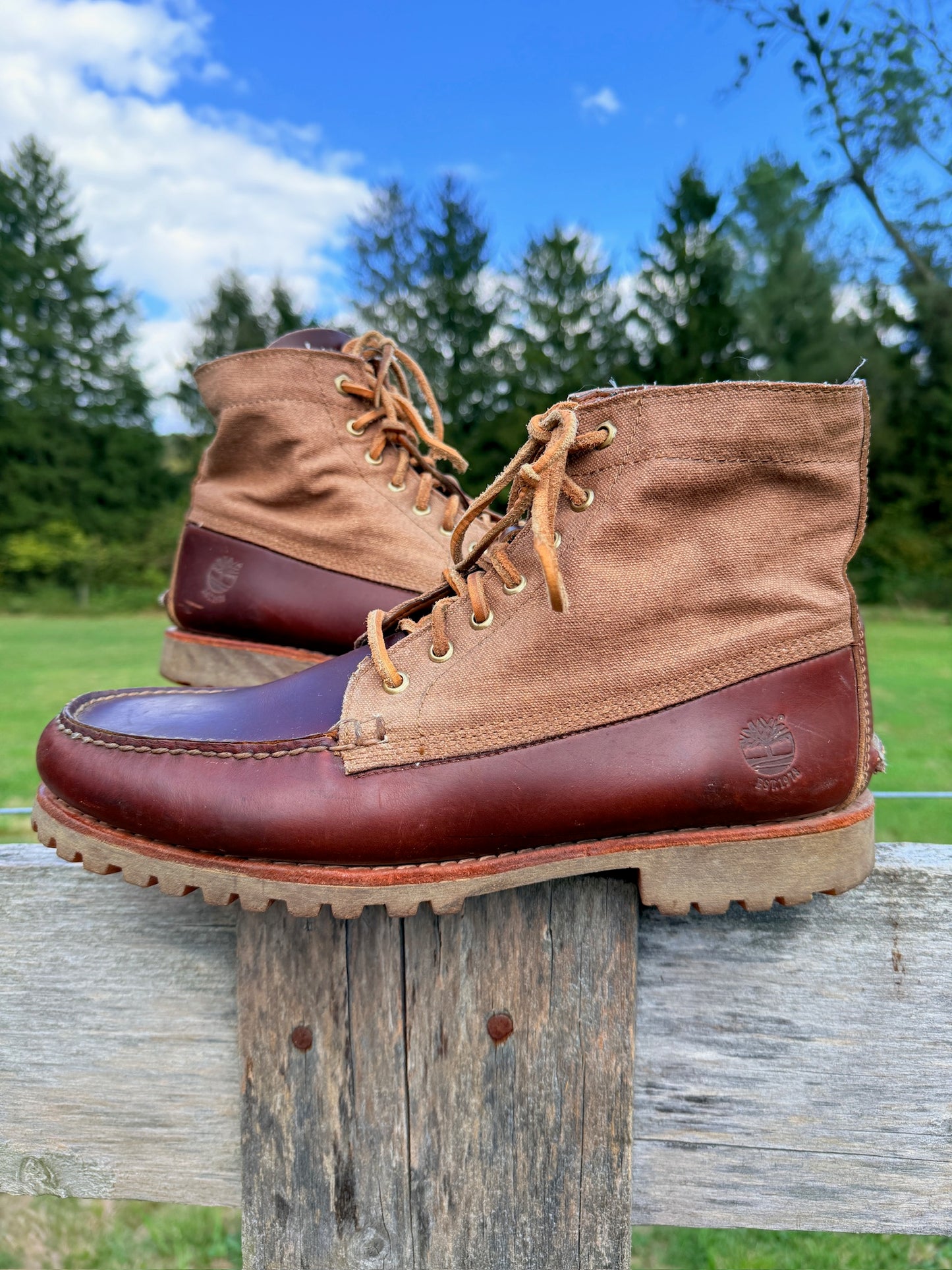 Vintage 1990s Timberland Two-Tone Brown Leather & Canvas Boots | Men’s 11.5