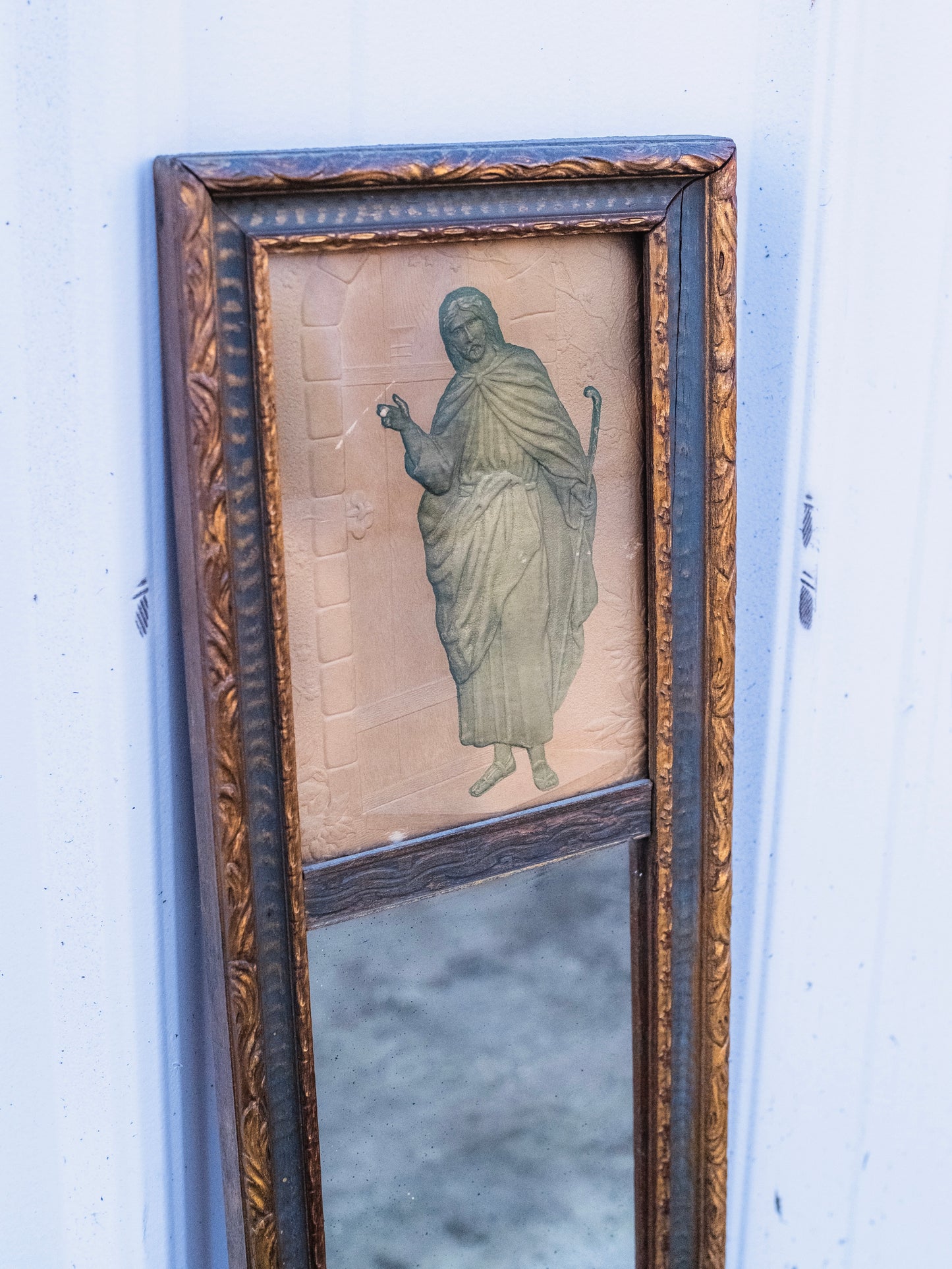 Antique 1900s Framed Jesus Christ Trumeau Mirror