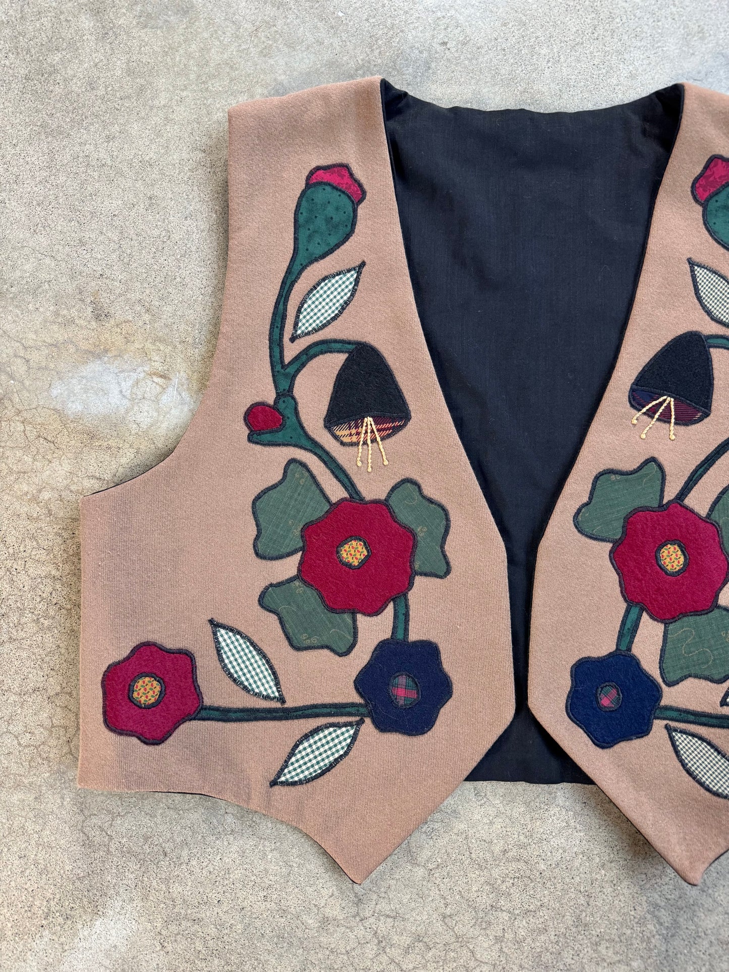Vintage 1980s Handmade Brown Floral Patched Vest | XL
