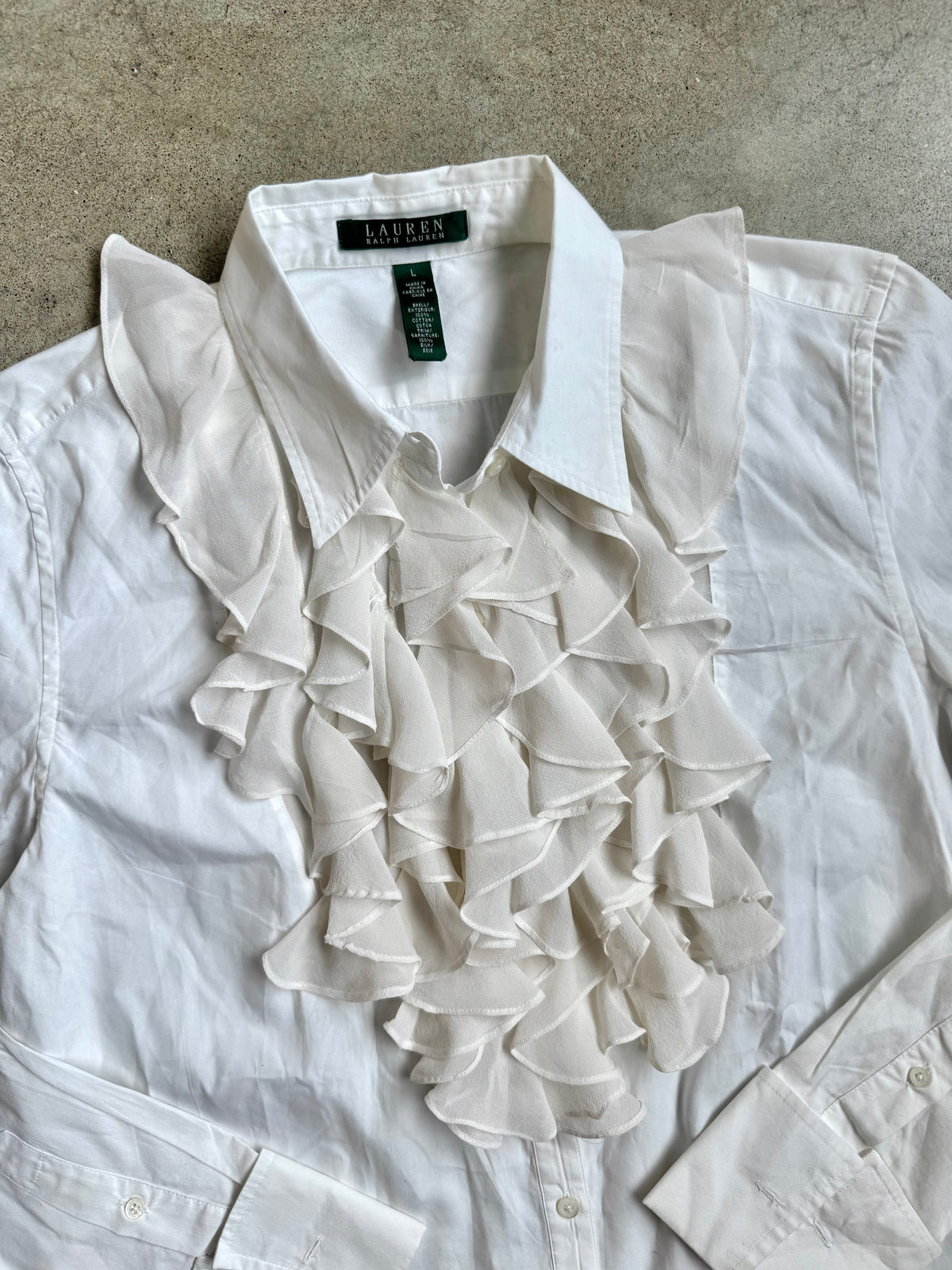 Lauren Ralph Lauren White Silk Ruffle French Cuff Cotton Shirt | Large