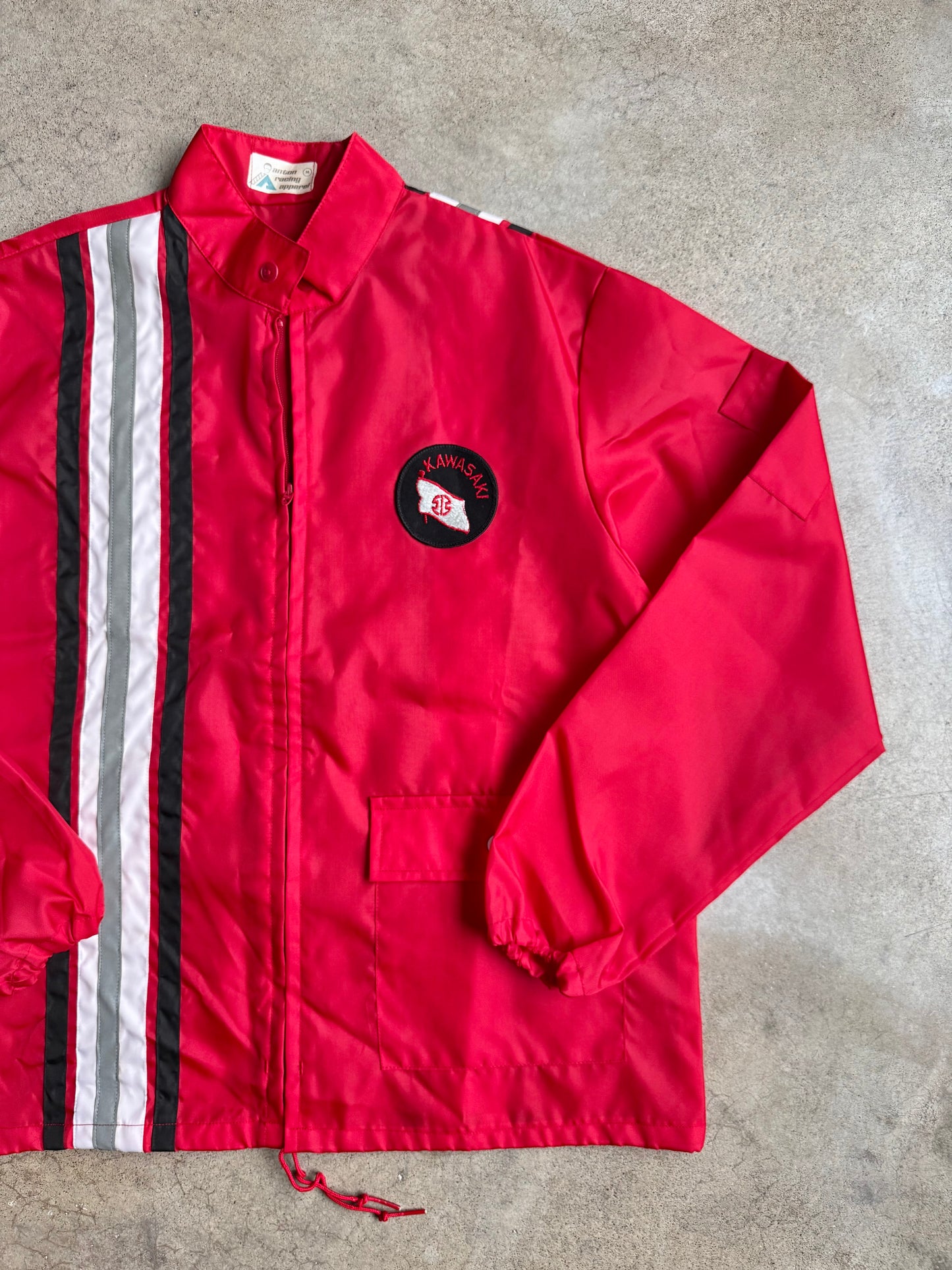 Vintage 1980s Kawasaki Striped Red Zip-Up Windbreaker Jacket | Medium