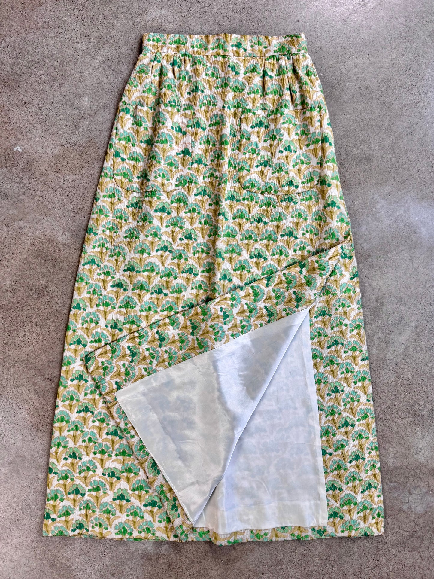 Vintage 1960s Boutique Valentino Green & Gold Floral Silk Maxi Skirt | Waist 26”