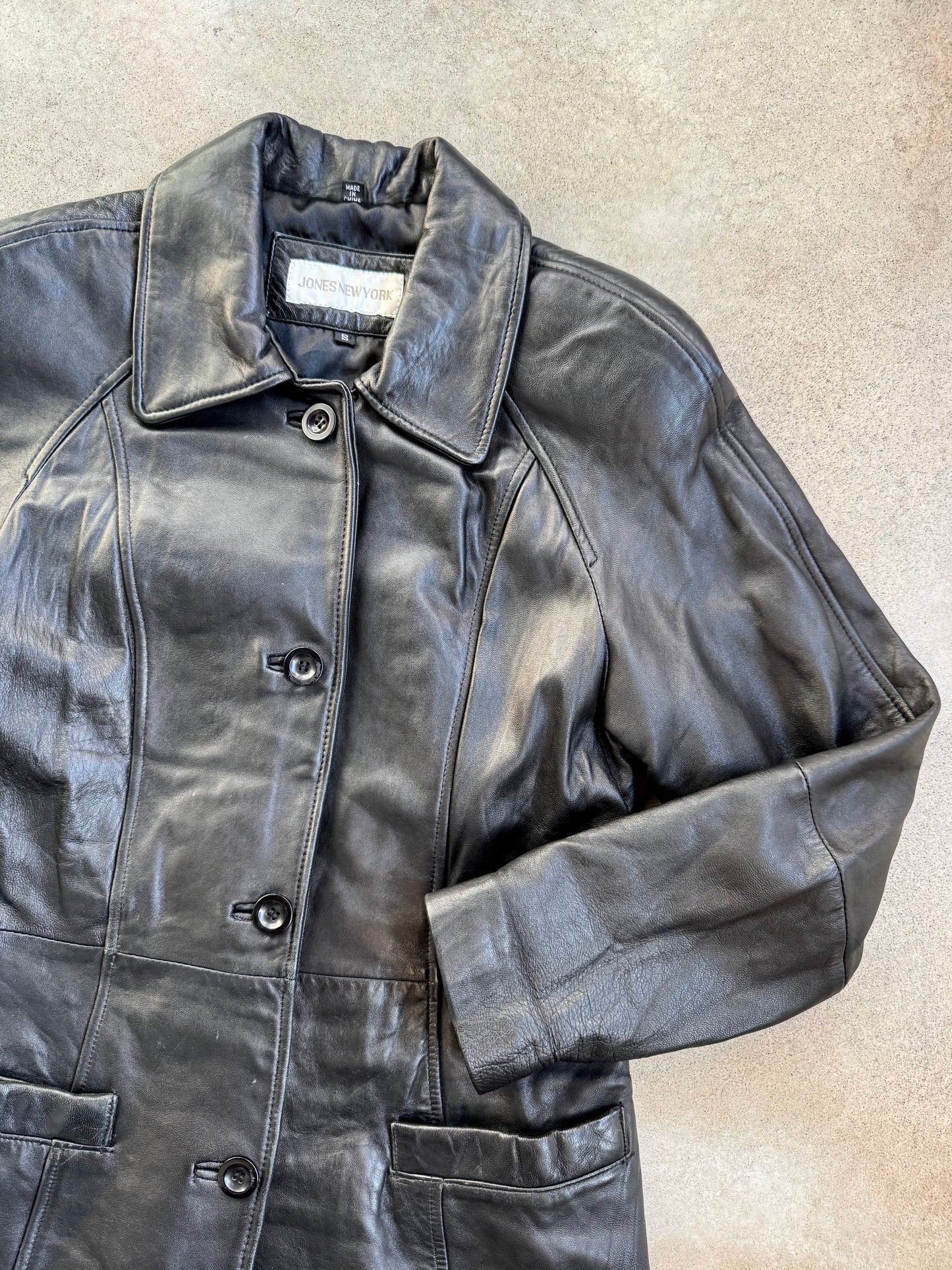 Vintage 1990s Jones New York Black Leather Button-Up Jacket | Small