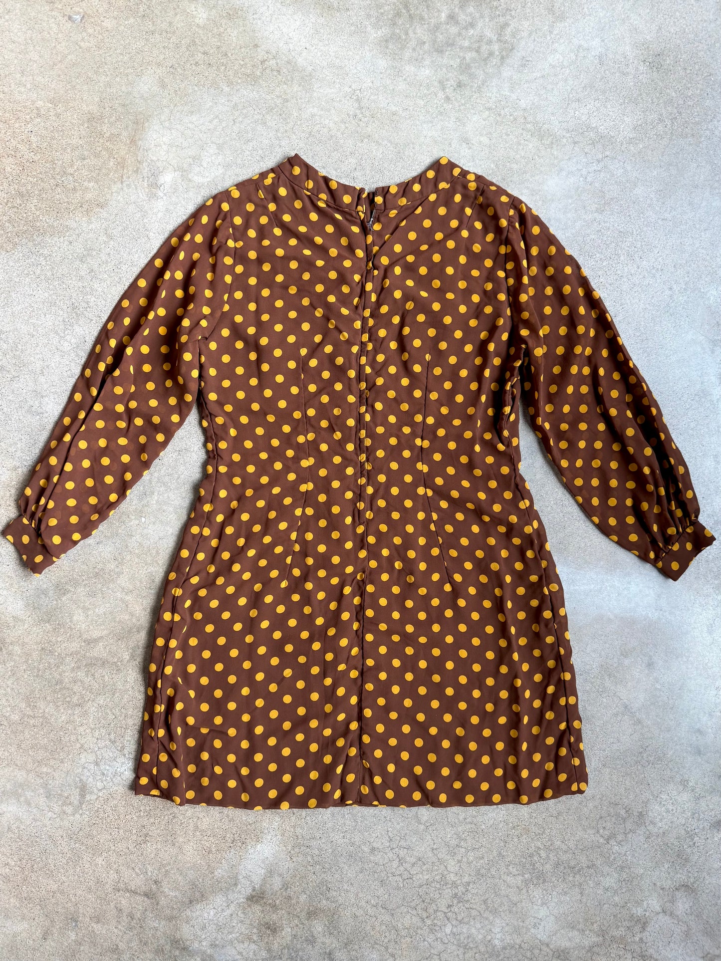 Vintage 1960s Handmade Brown & Yellow Polka Dot Long Sleeve Mini Dress | M/L