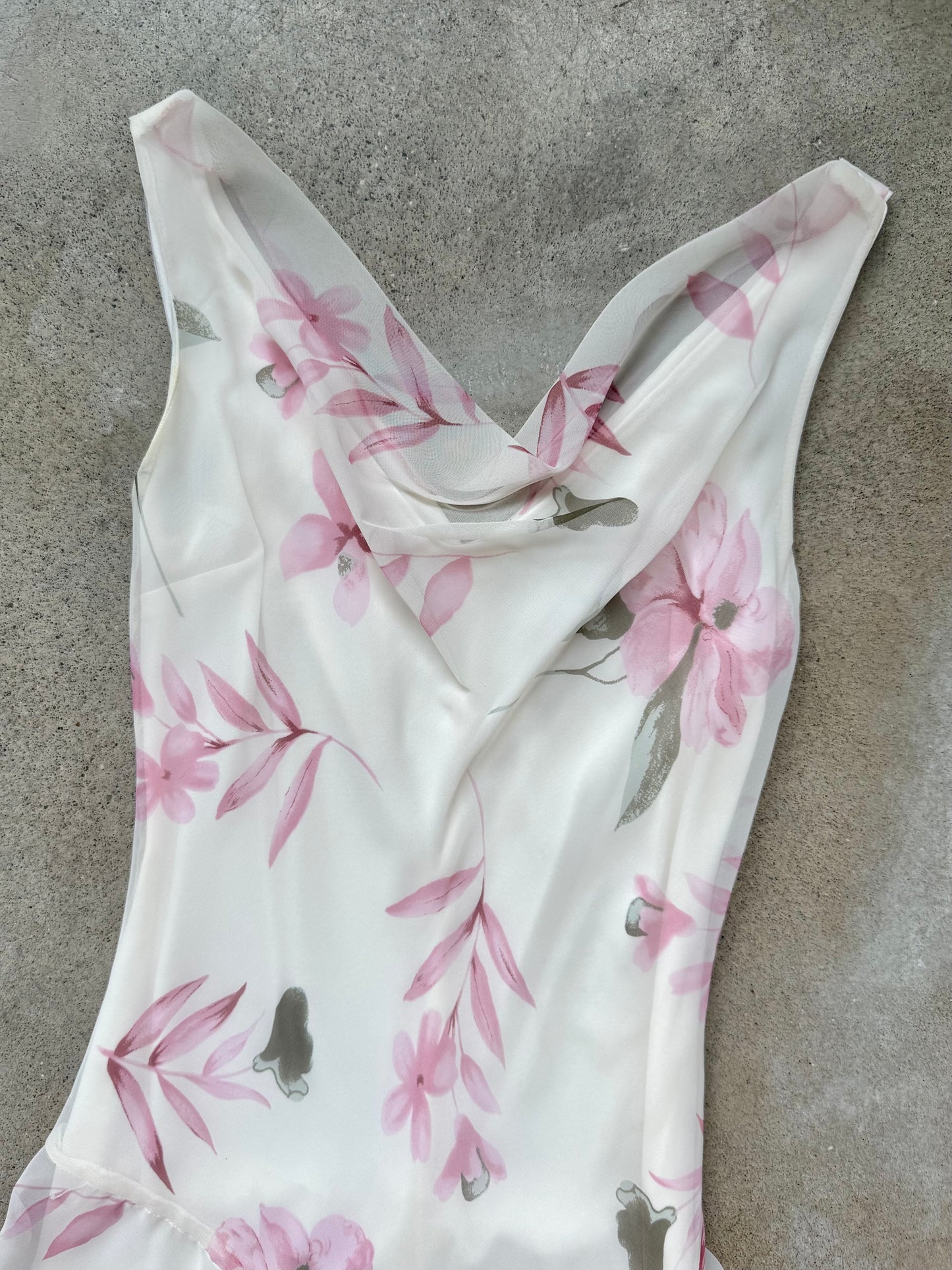Vintage Y2K White & Pink Floral Print Chiffon Cowl Neck Sleeveless Dress | XS