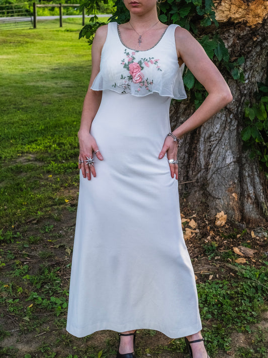 Vintage 1970s Handmade Cream Floral Embroidered Maxi Dress | Small