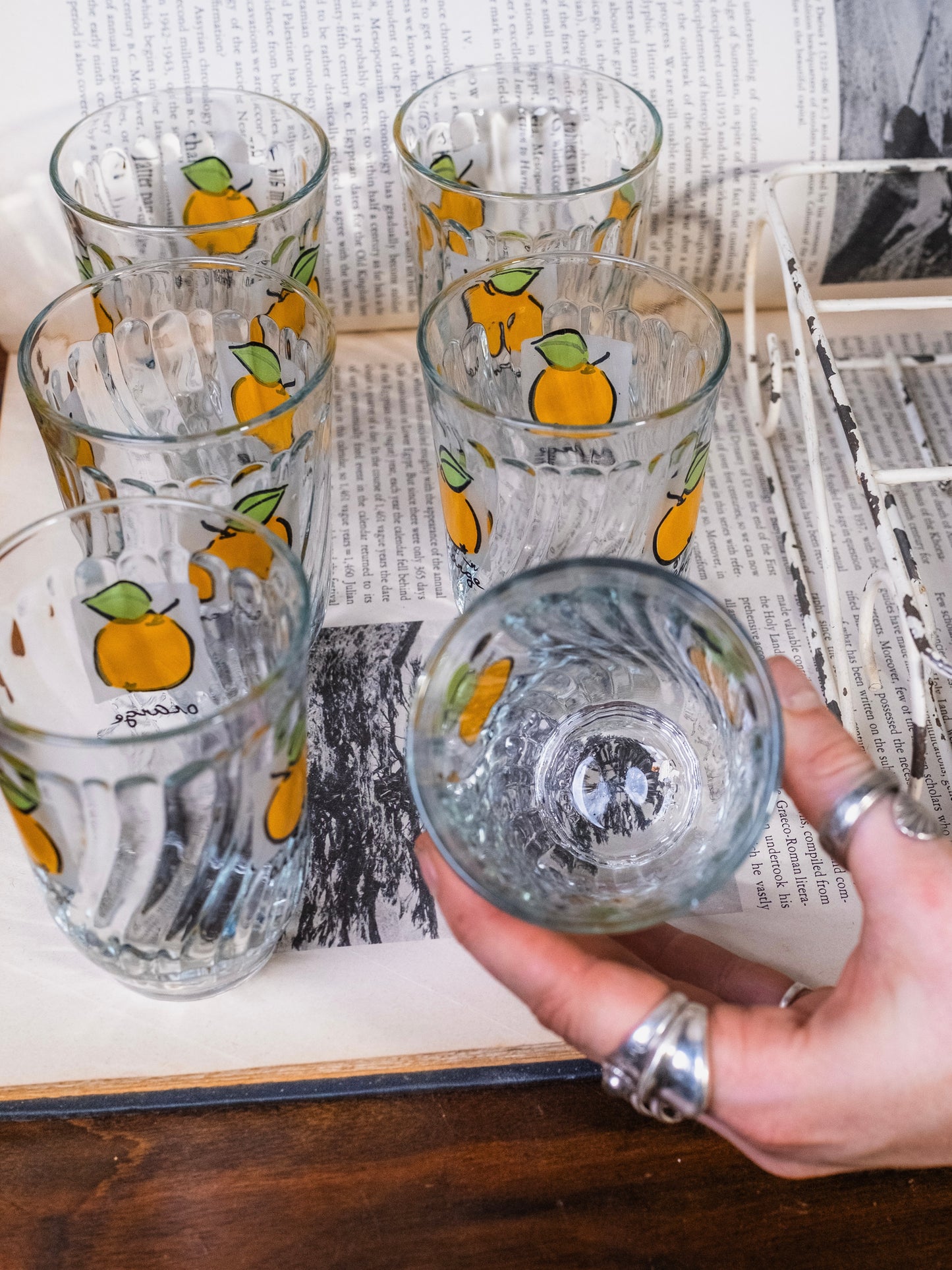 Vintage 1970s Firna Indonesia “Orange” Juice Glasses w/ Caddy | Set of 6