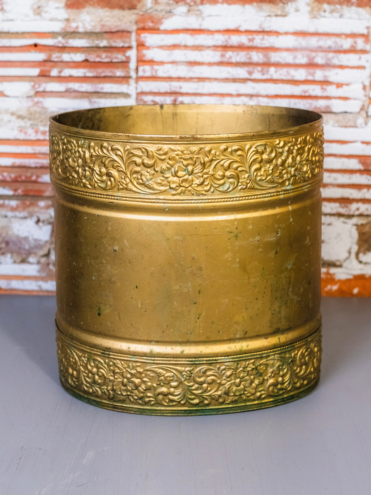 Vintage Embossed Floral Brass Cachepot Planter / Waste Basket