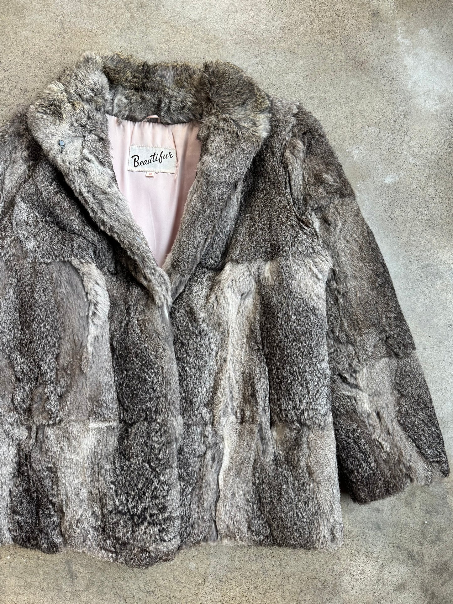 Vintage 1980s Beautifur Grey & Brown Speckled Rabbit Fur Coat | L/XL