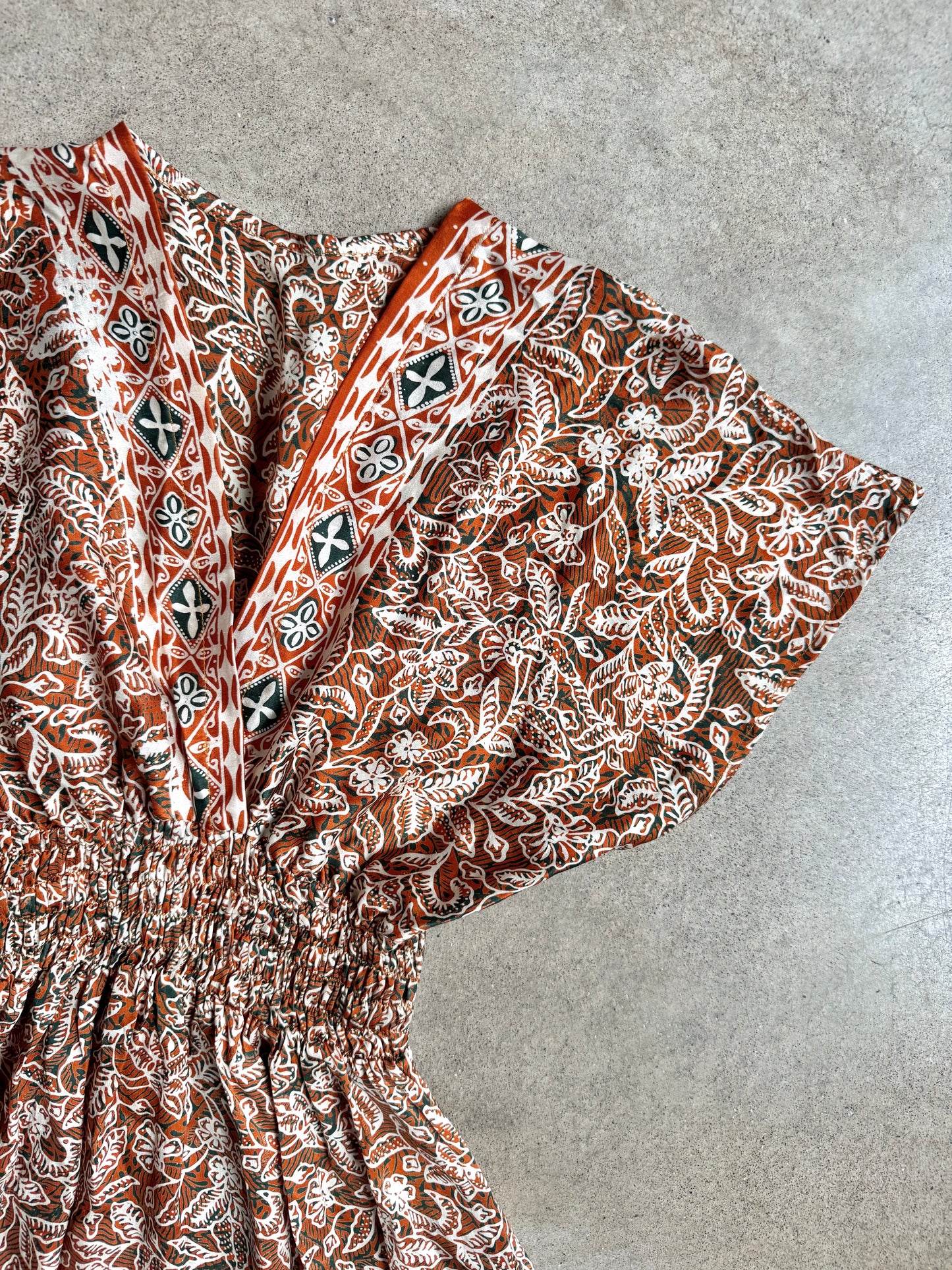 Vintage Burnt Orange Floral Bohemian-Style 100% Silk V-Neck Dress | S/M