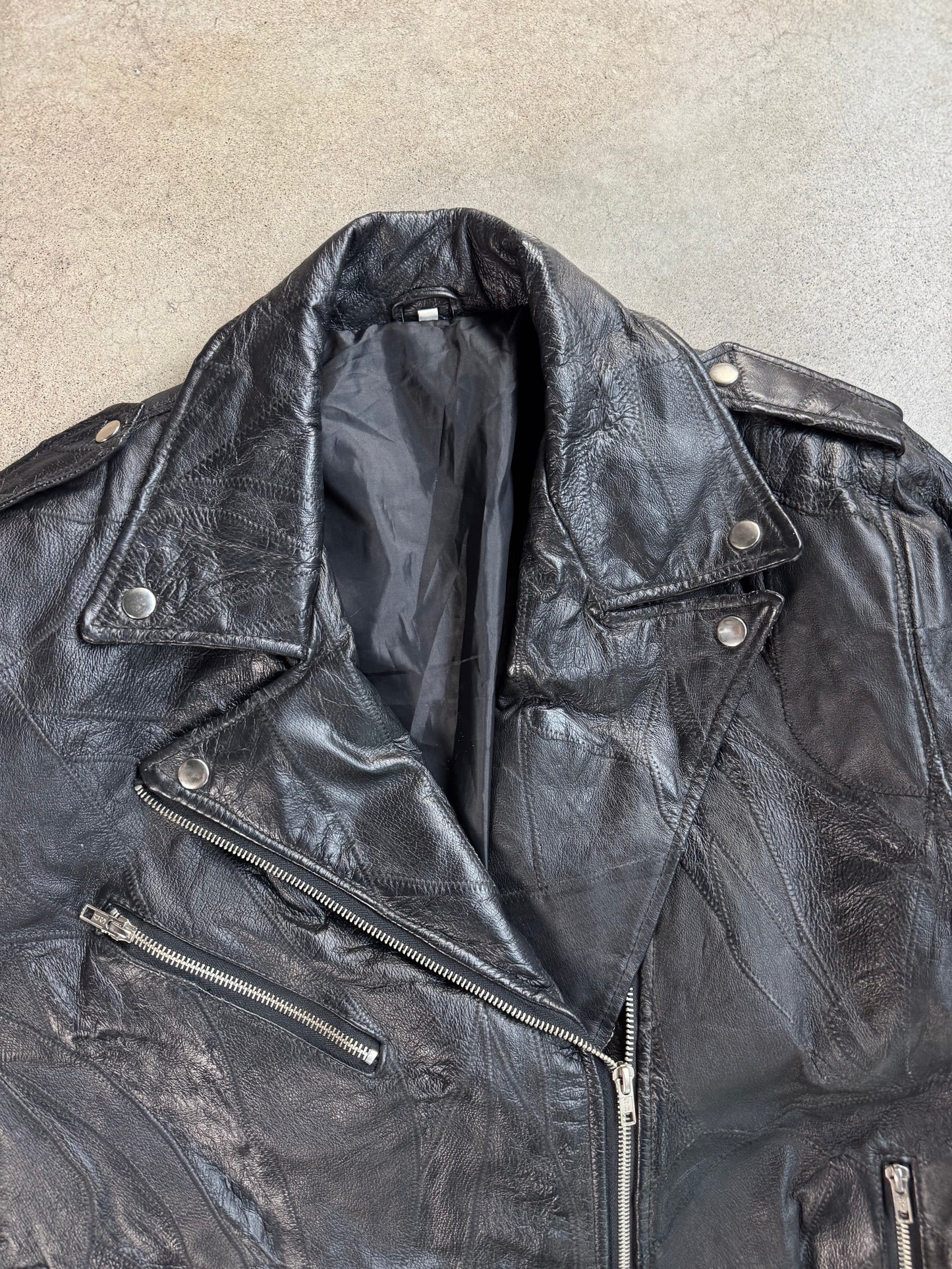 Vintage 1970s Black Leather Patchwork "God Bless America" Biker Jacket | XXL