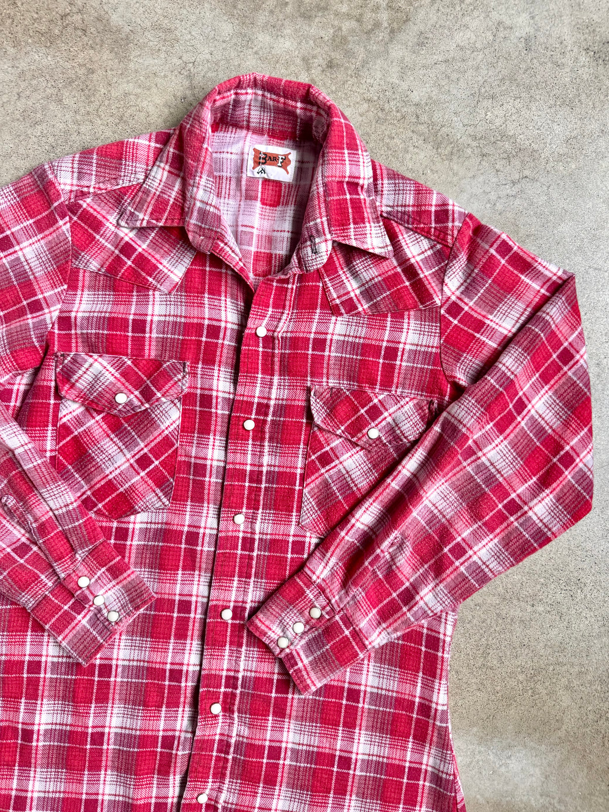 Vintage 1970s Bar-F Red & White Plaid Western Pearl Snap Flannel Shirt | Medium