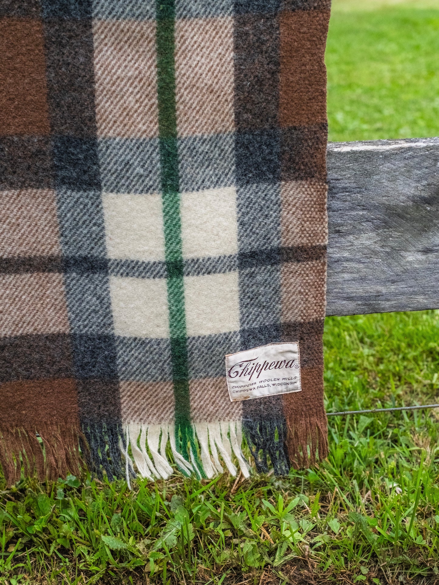 Vintage 1950s Chippewa Brown & Green Plaid 100% Wool Blanket