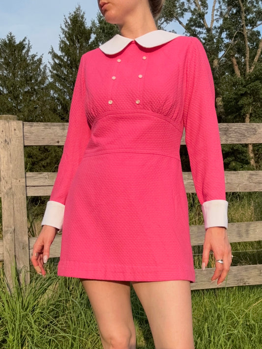 Vintage 1960s Pink Collared Long Sleeve Mini Dress | S/M