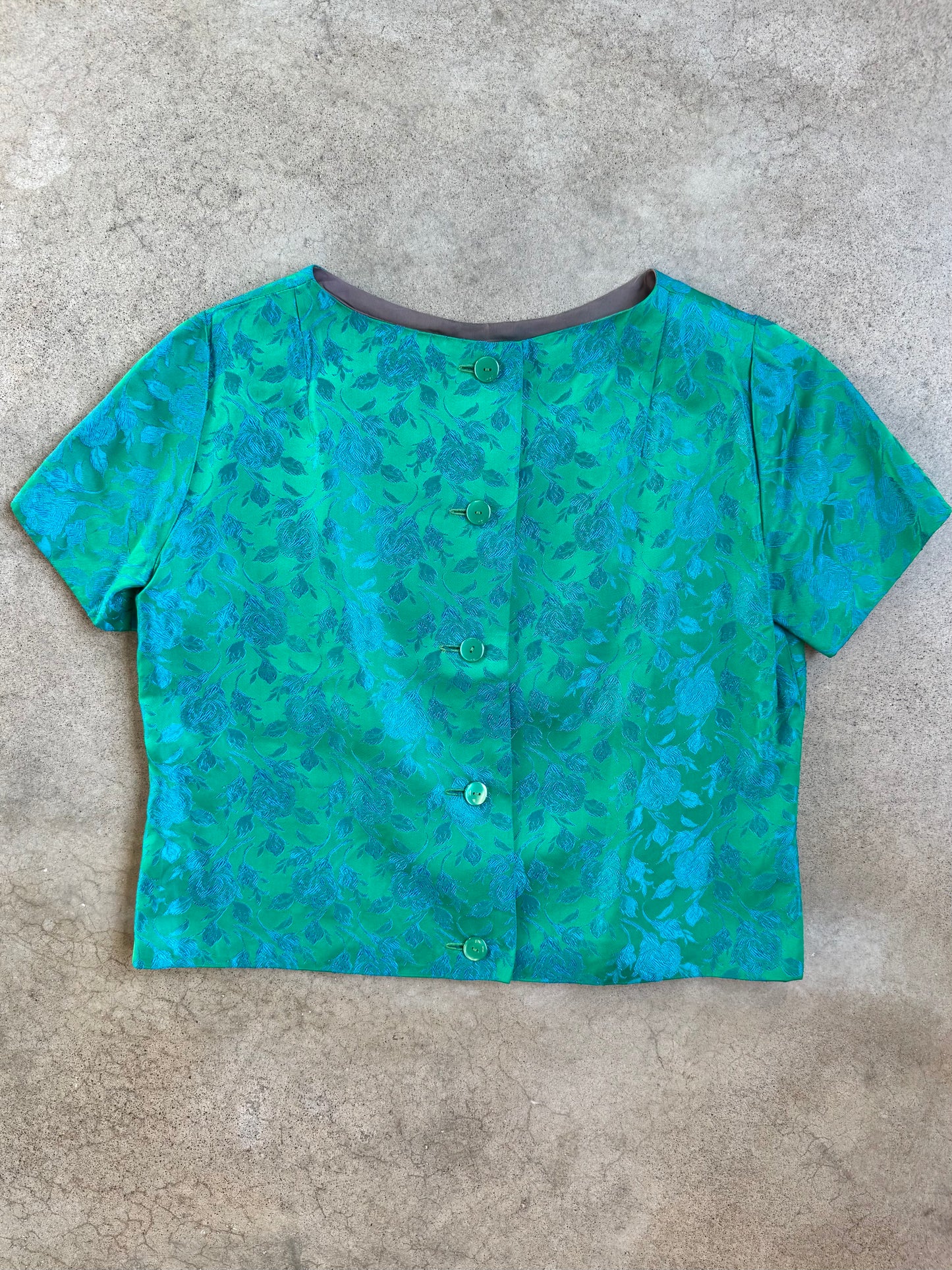 Vintage 1950s Handmade Green & Blue Floral Satin Brocade Button-Back Blouse | Large