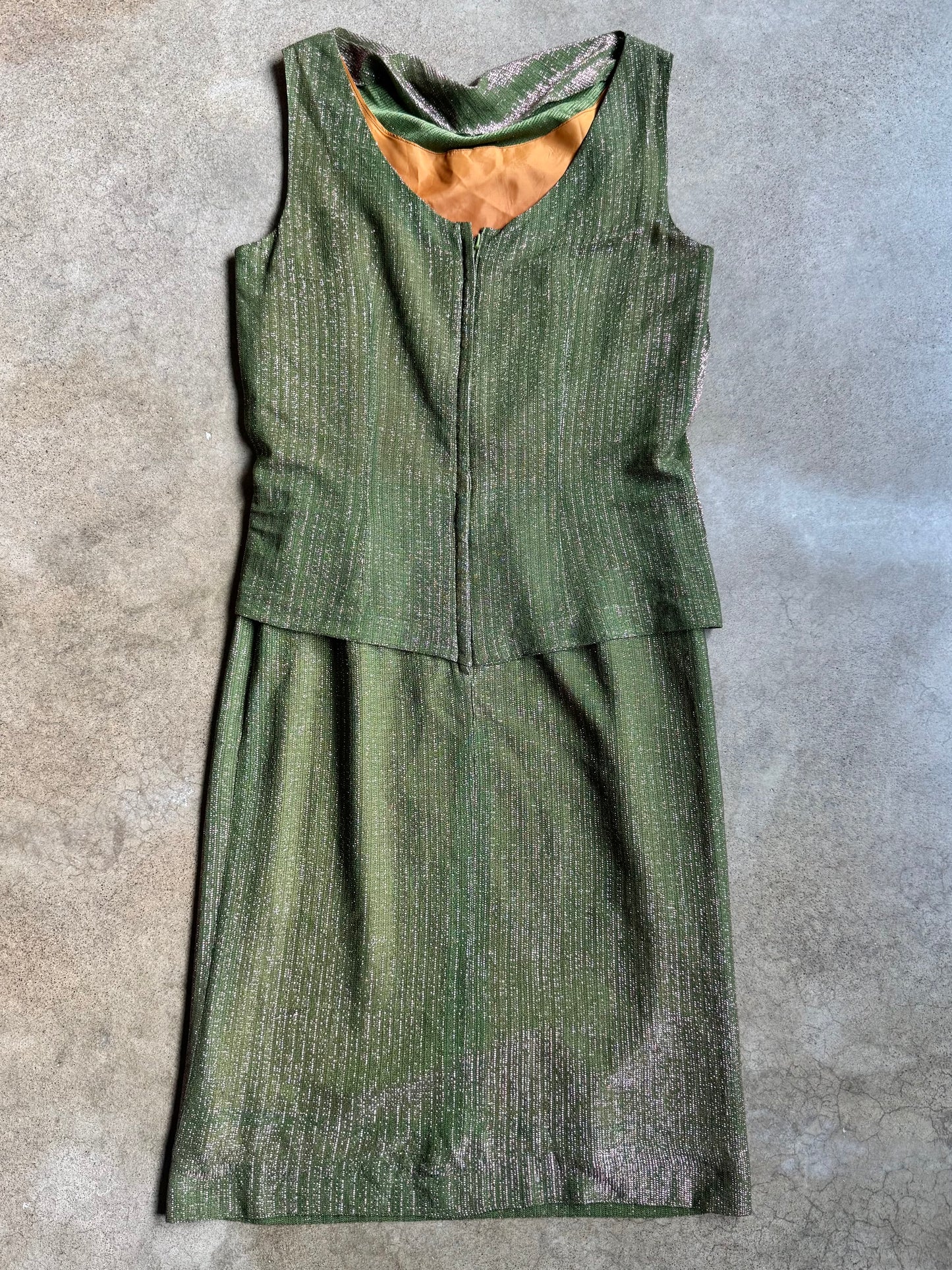 Vintage 1960s Young Eleganté Green & Pink Metallic Mod Cocktail Dress | M/L